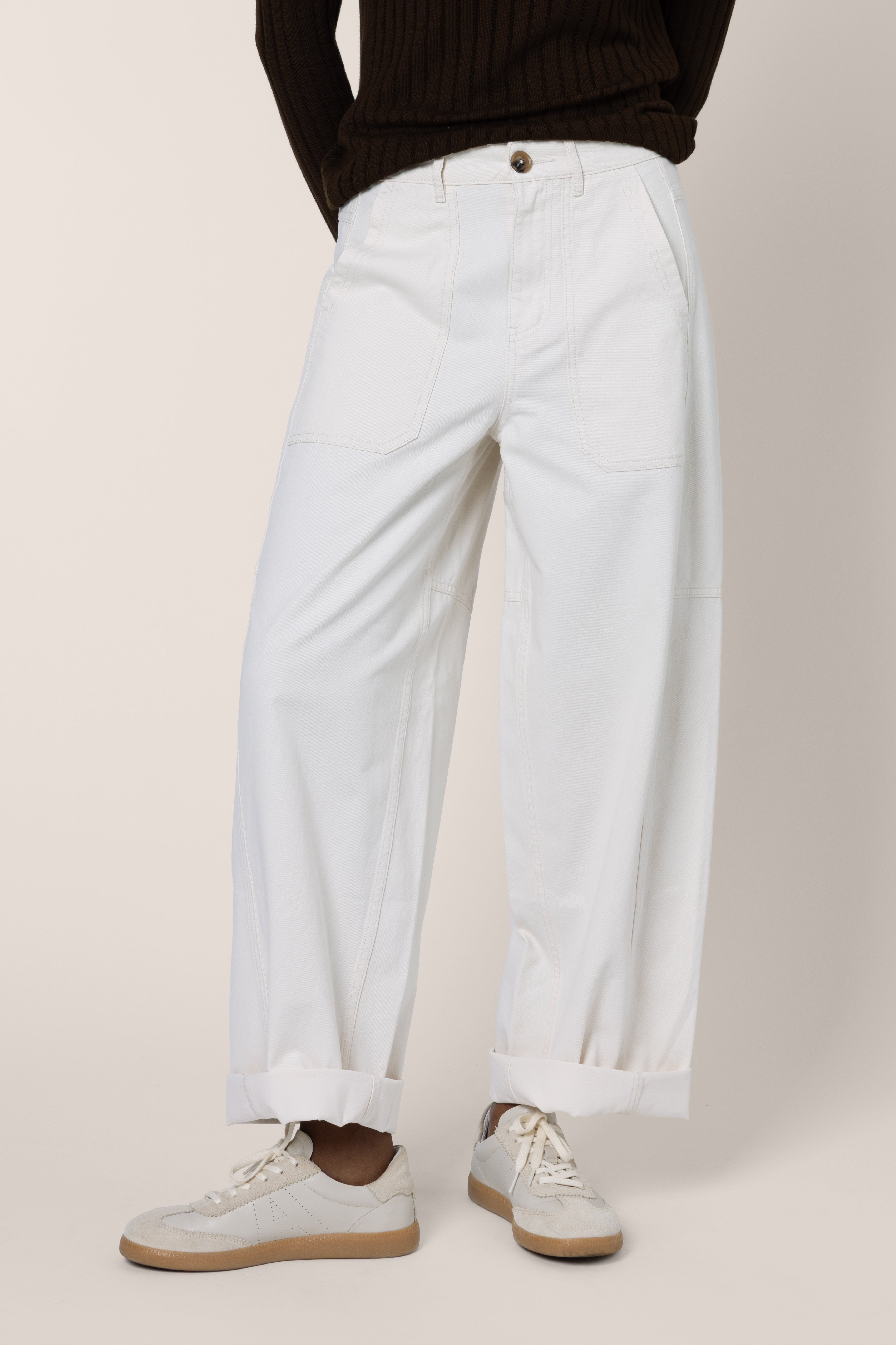 Billie Barrel Leg Trousers in ecru worn as a full outfit