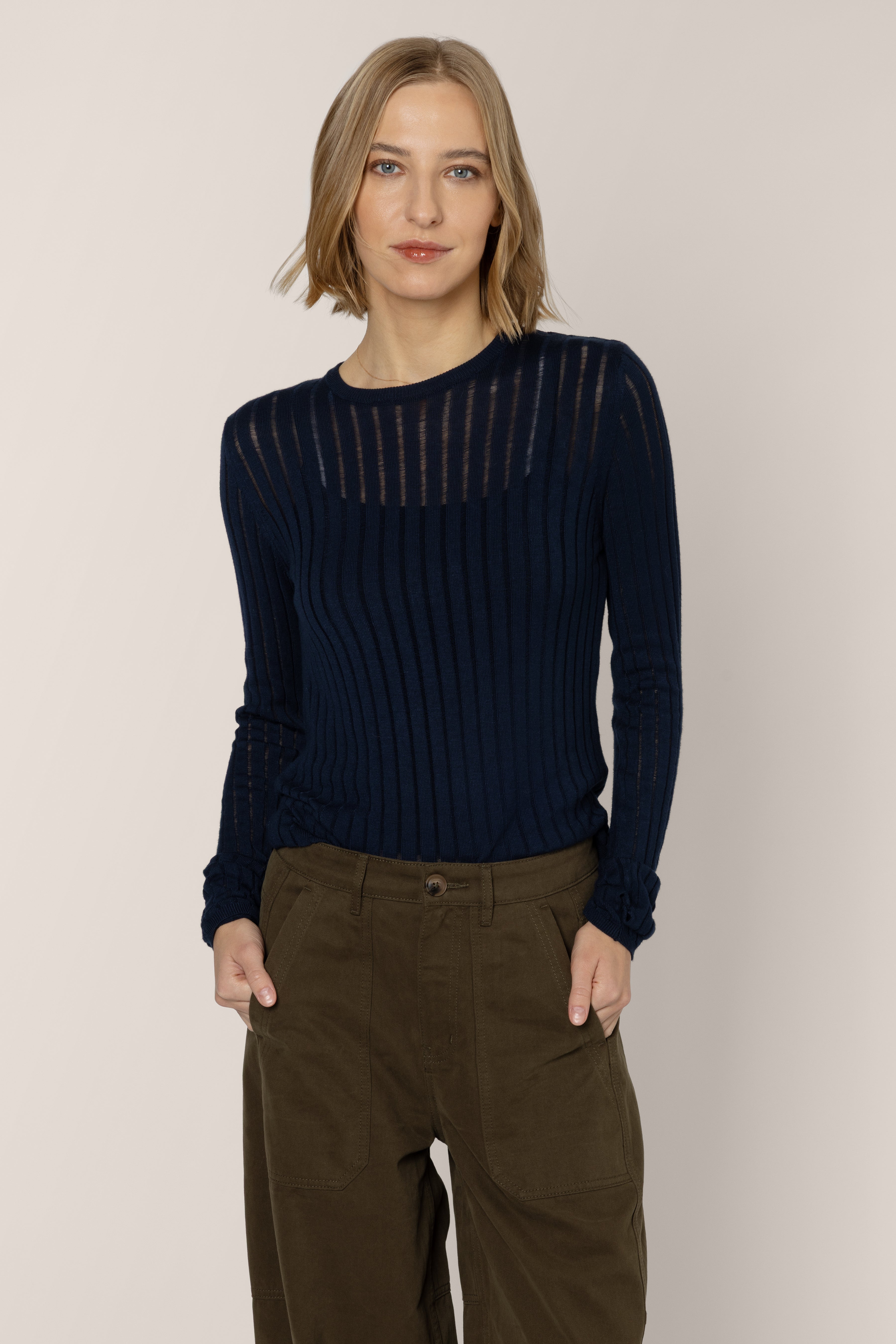 Navy sheer top, the Iggy Sheer Rib Jumper in navy by Eleven Loves, knitted in Lenzing viscose