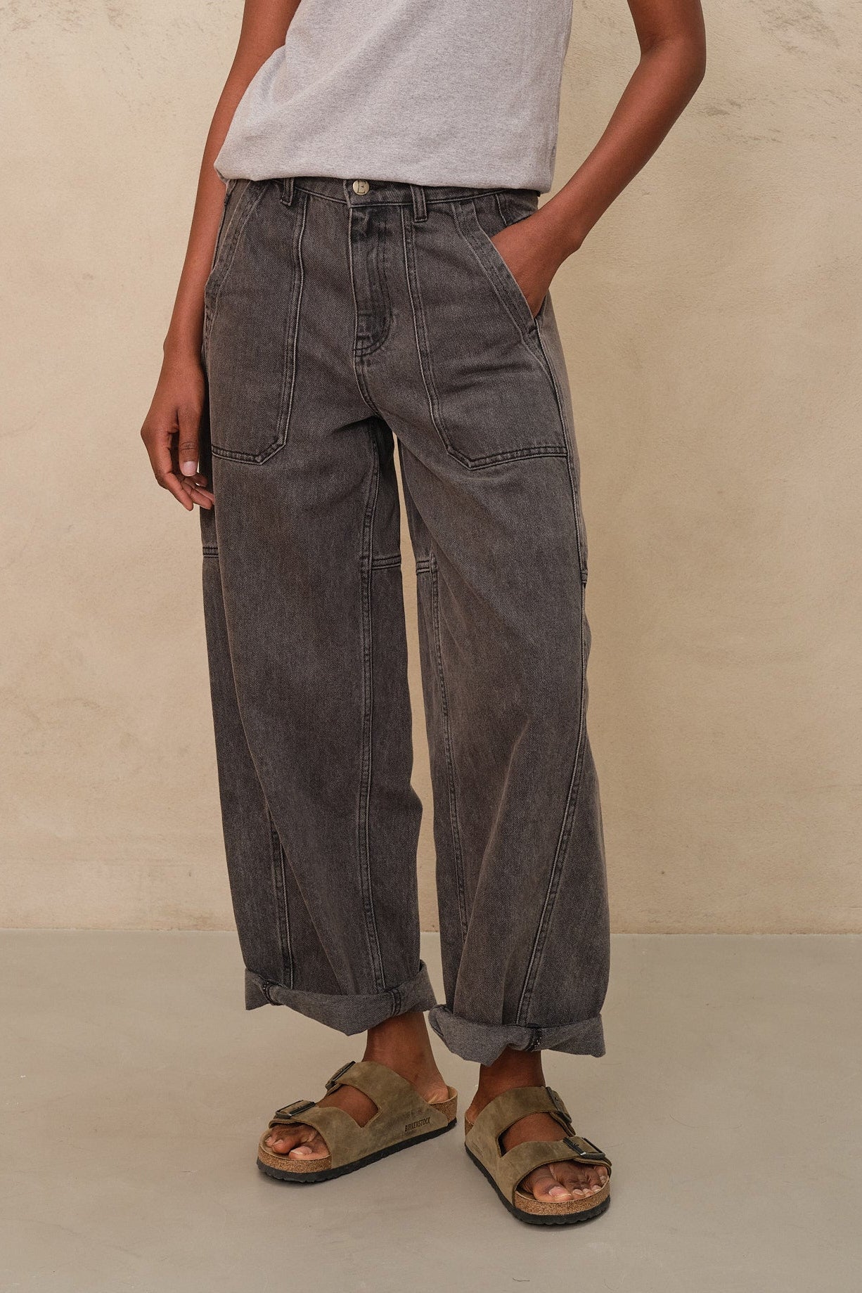 Billie barrel leg jeans styled with the right shoes to balance the silhouette