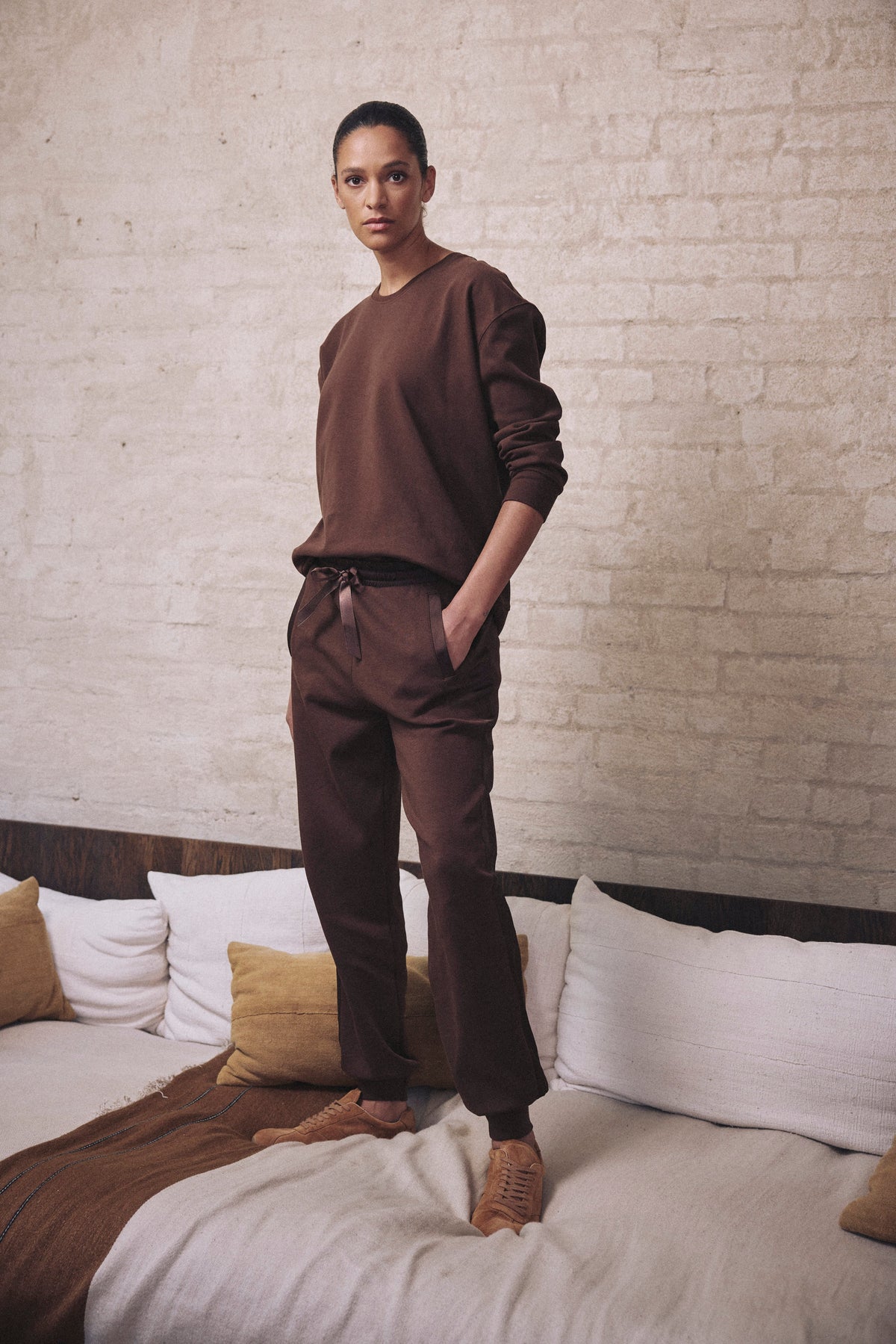How to look put together in comfortable clothes: the Perfect side stripe joggers and sweatshirt in chocolate worn as a set