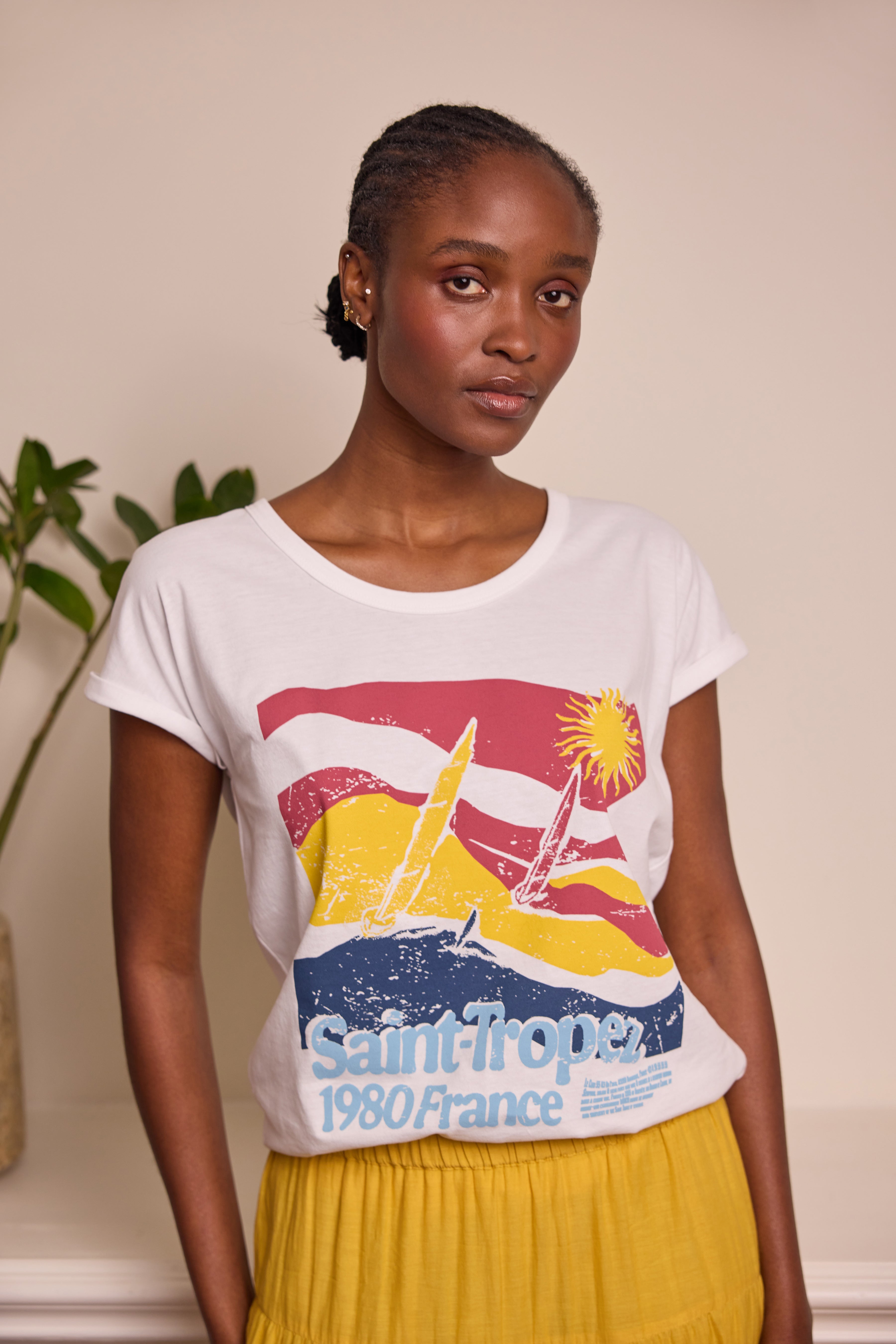 St Tropez Roll Sleeve T Shirt - White