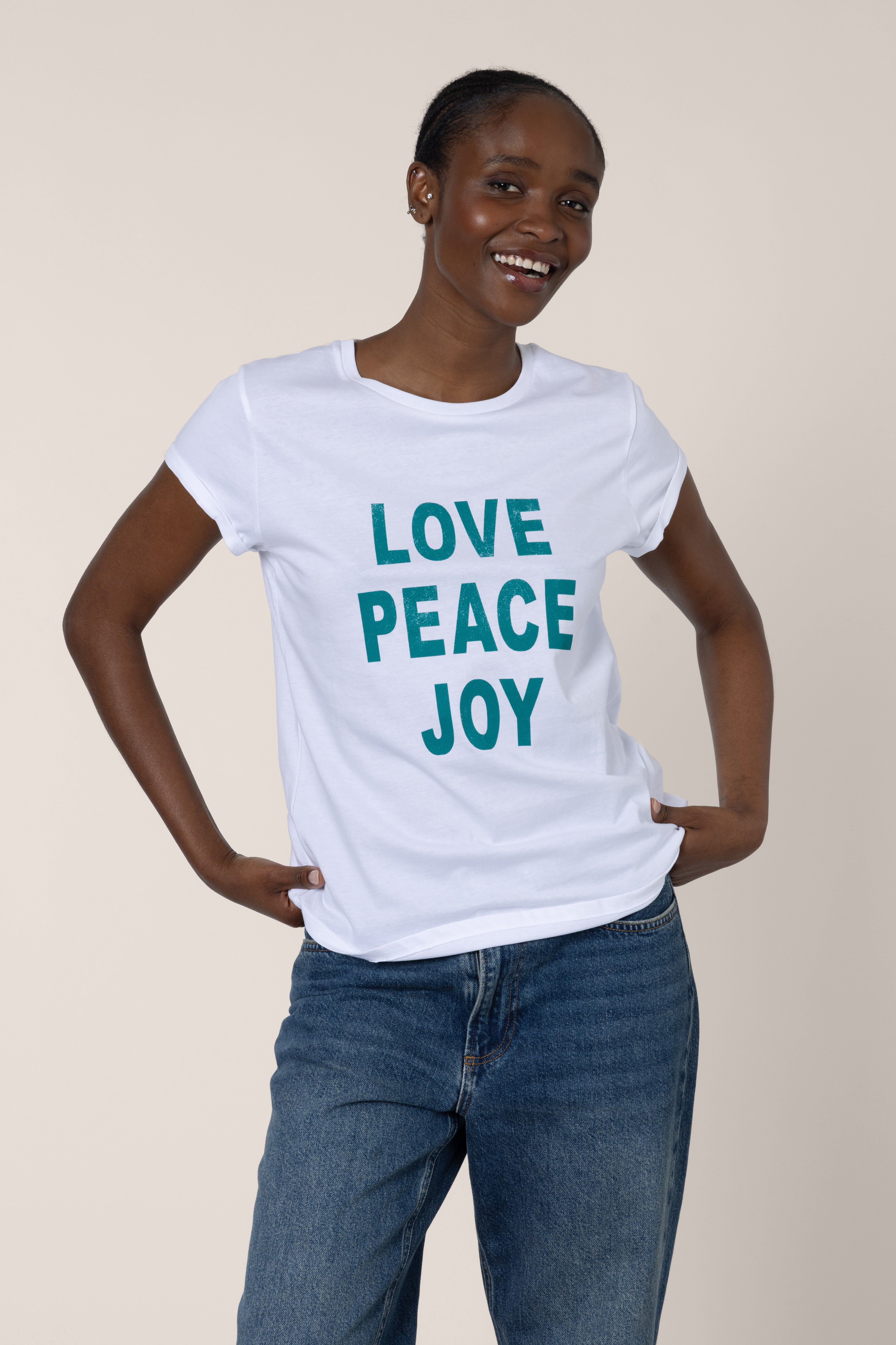 Love Peace Joy Neat Fit T-Shirt - White (supporting Give Your Best)
