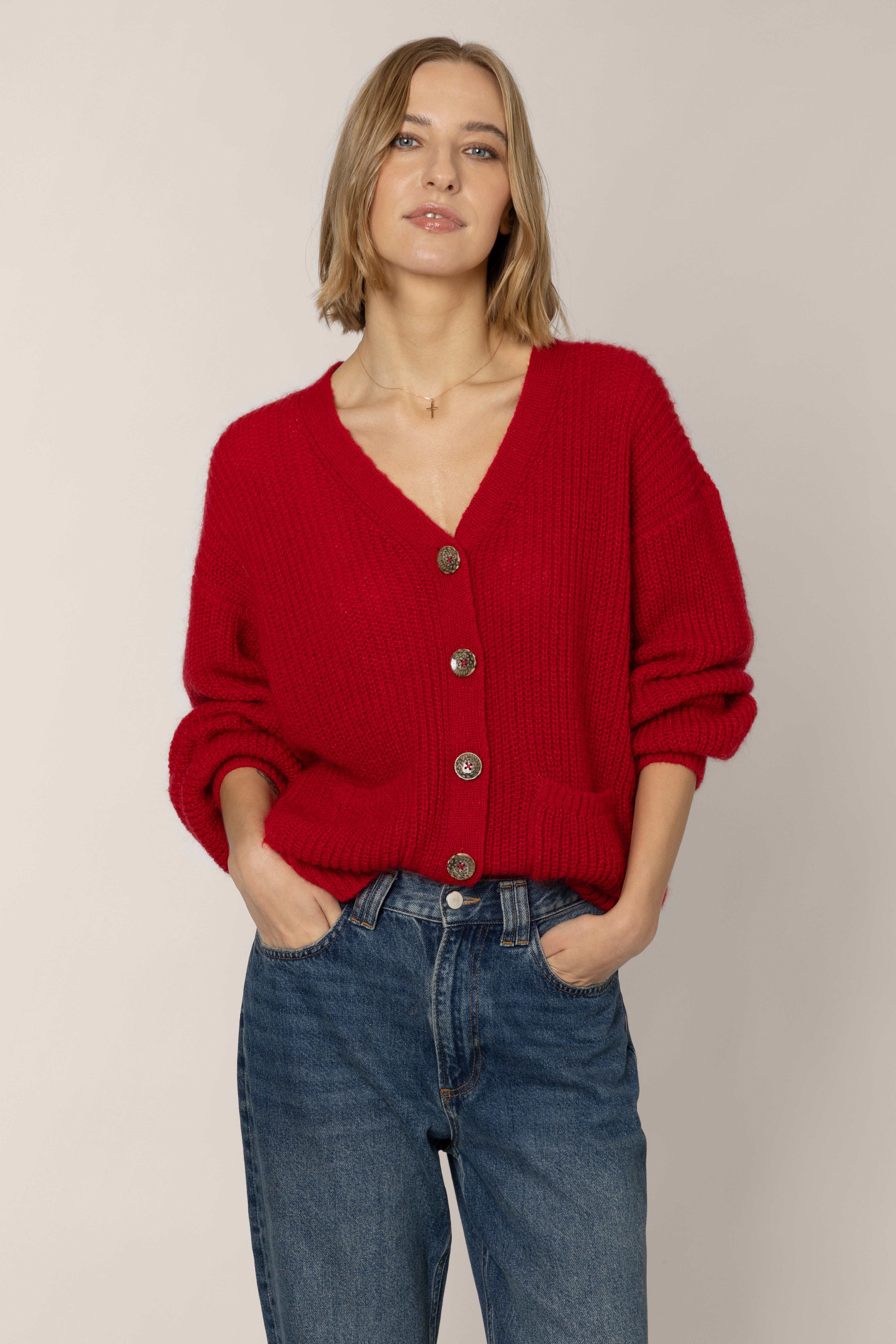 Betty Balloon Sleeve Cardigan - Red