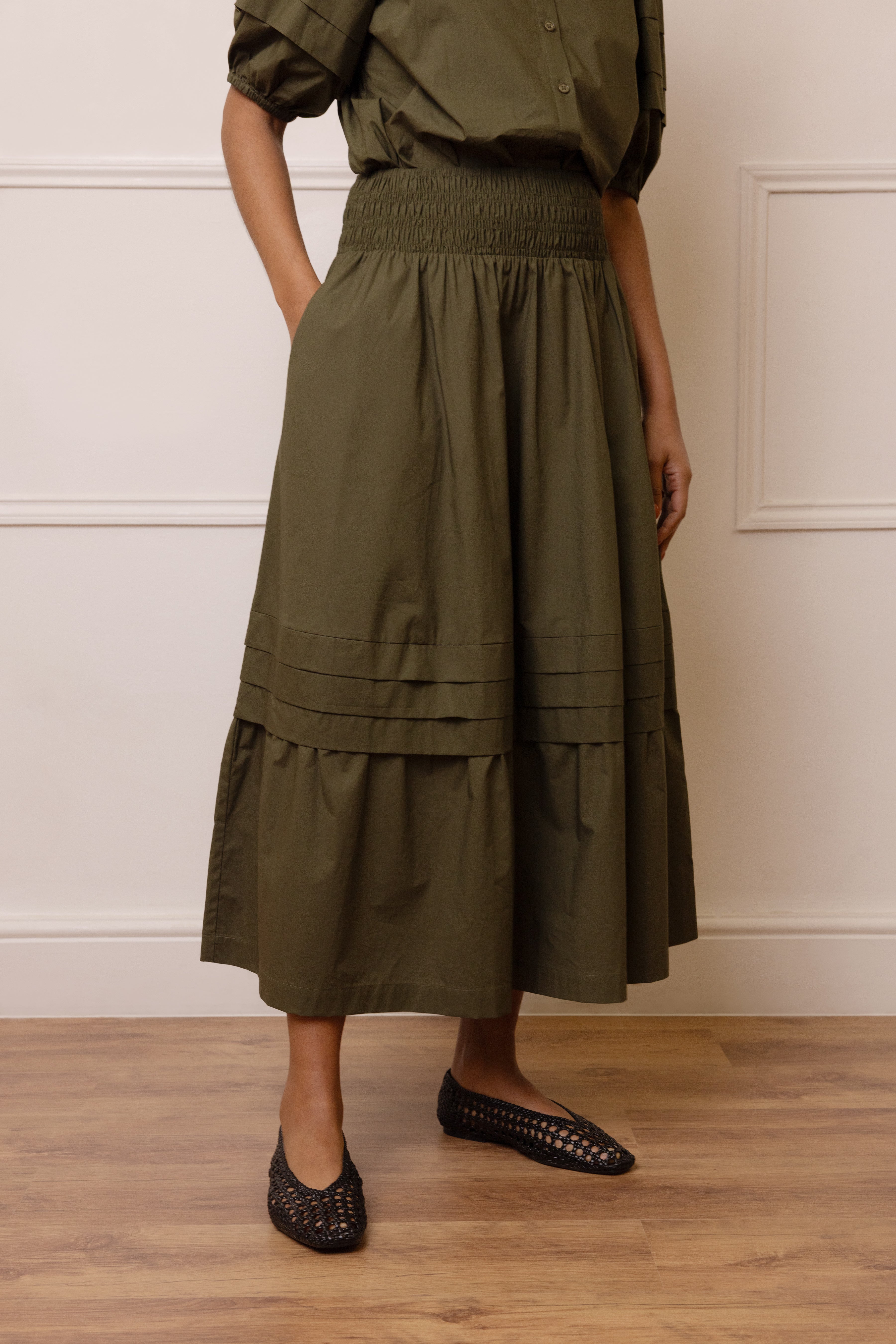 Sabina Shirred Waist Midi Skirt - Olive - Eleven Loves