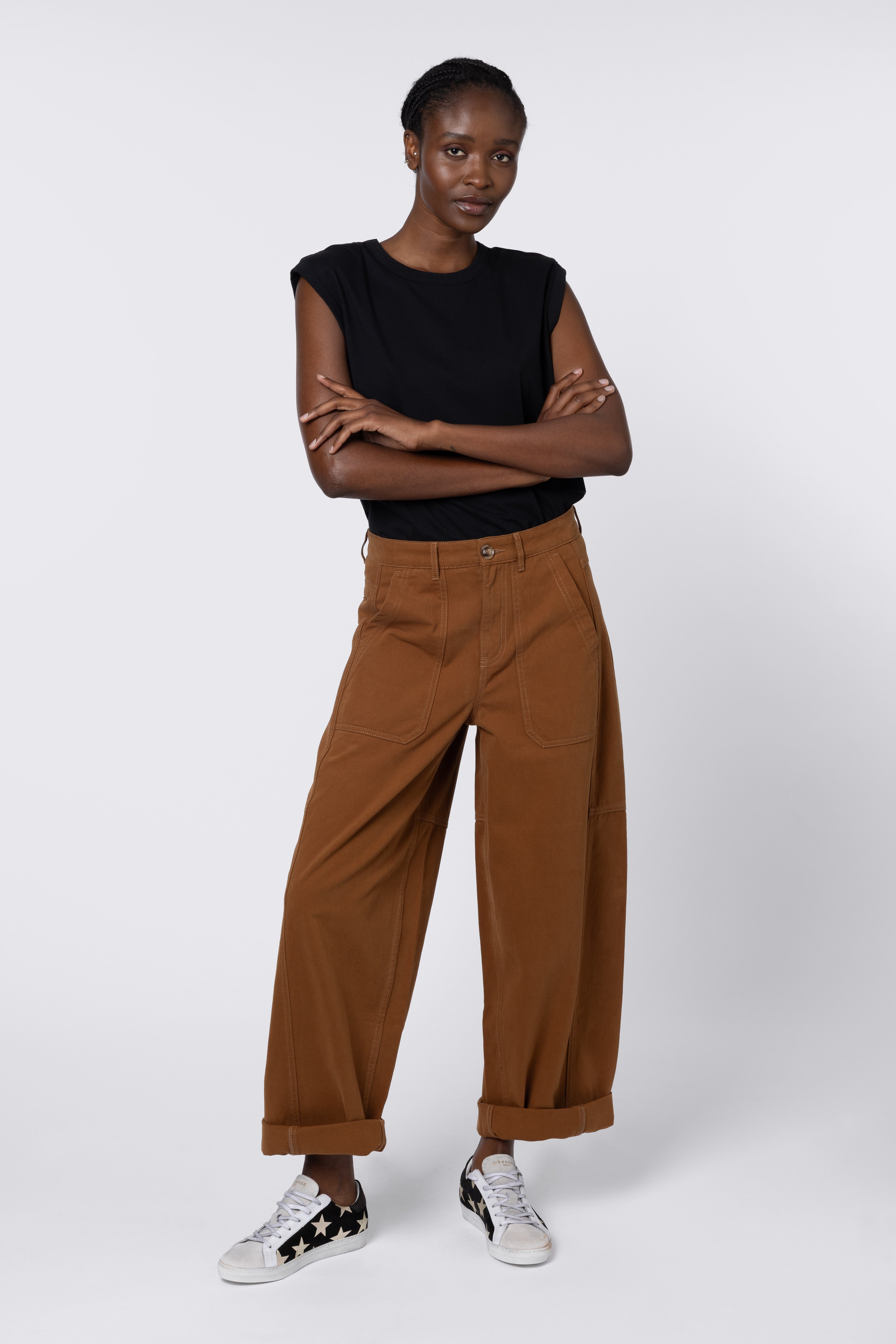 Female Billie Barrel Leg Trousers 100% Cotton in Camel Front View