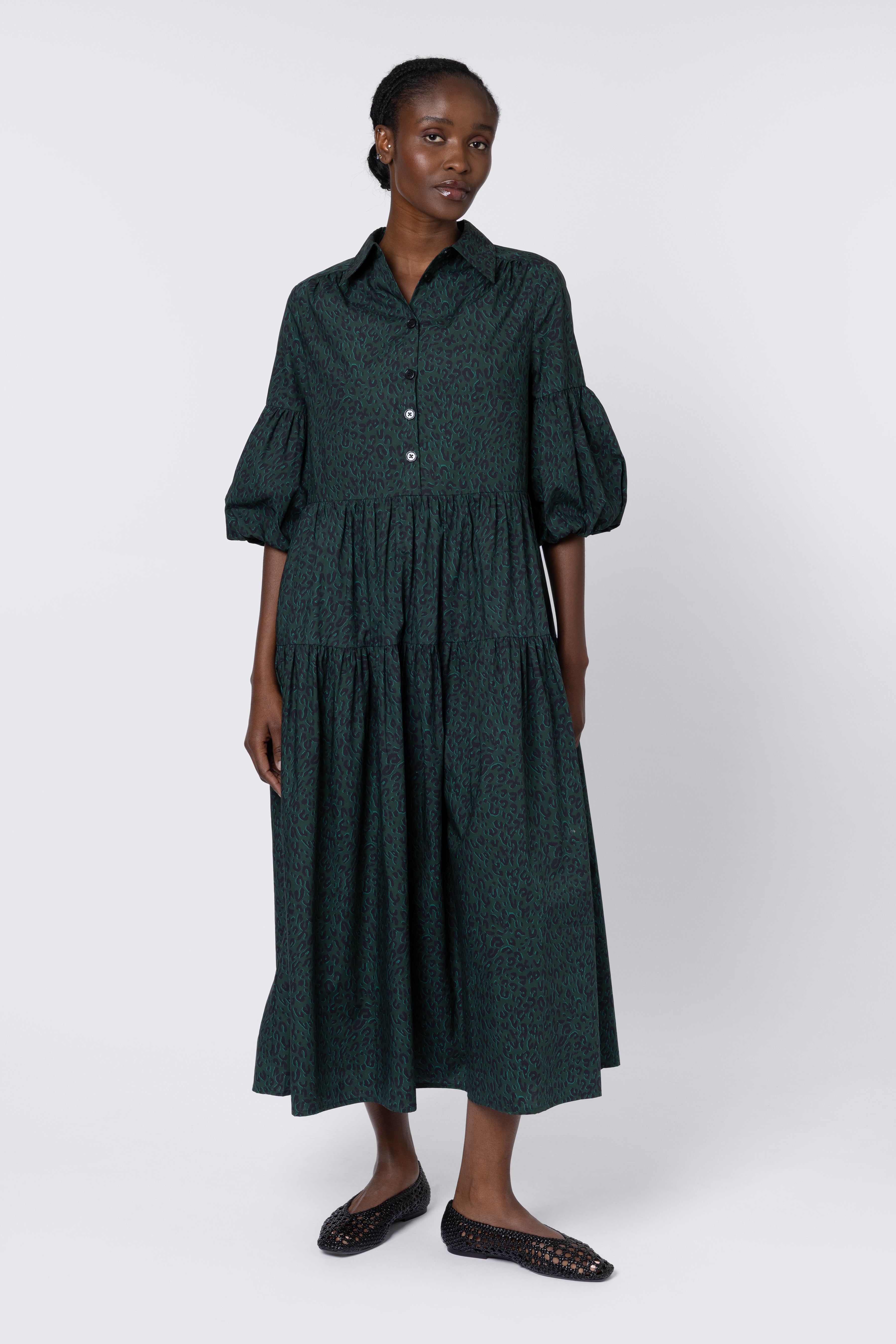 Elise Balloon Sleeve Dress - Teal Leopard