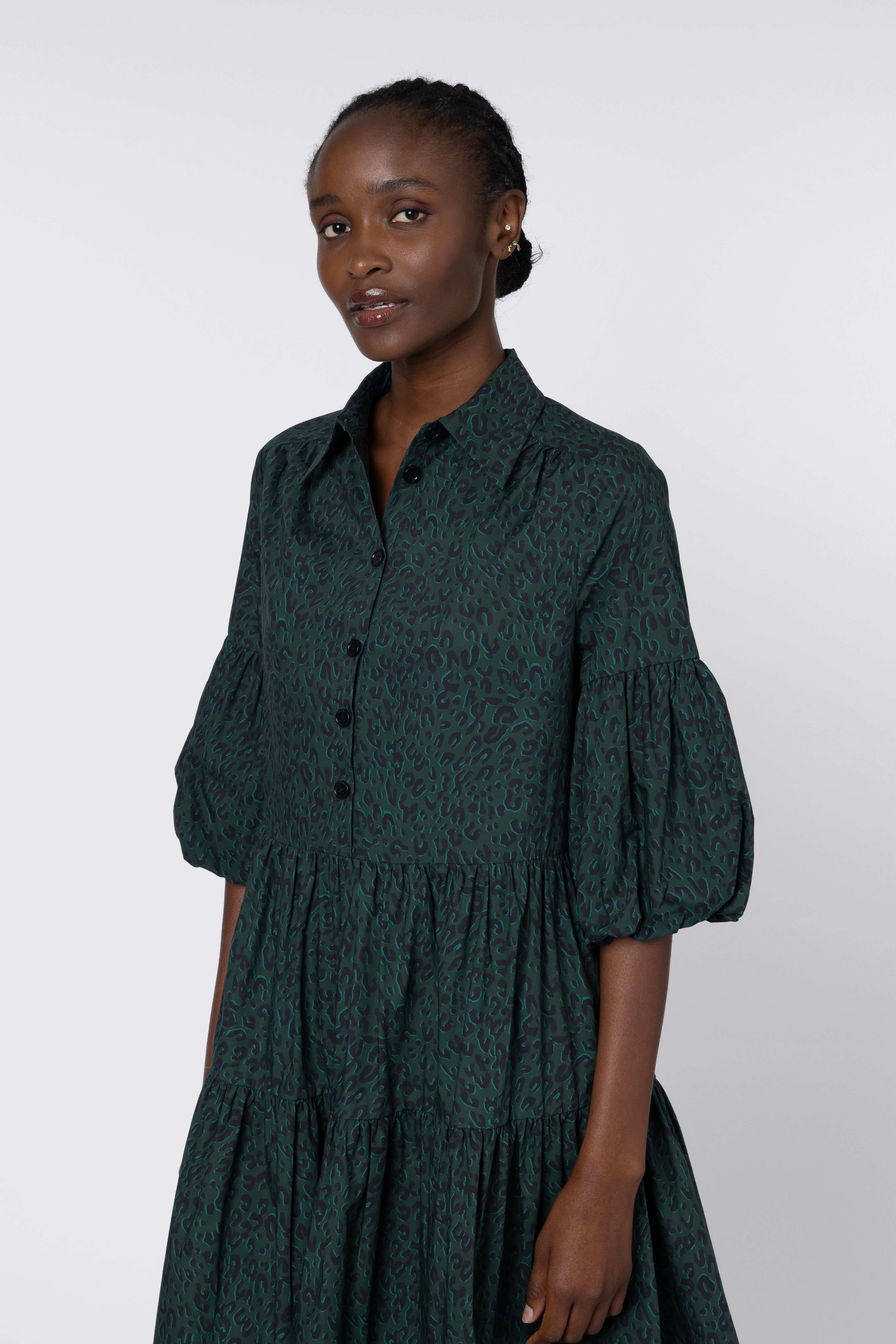 Elise Balloon Sleeve Dress - Teal Leopard