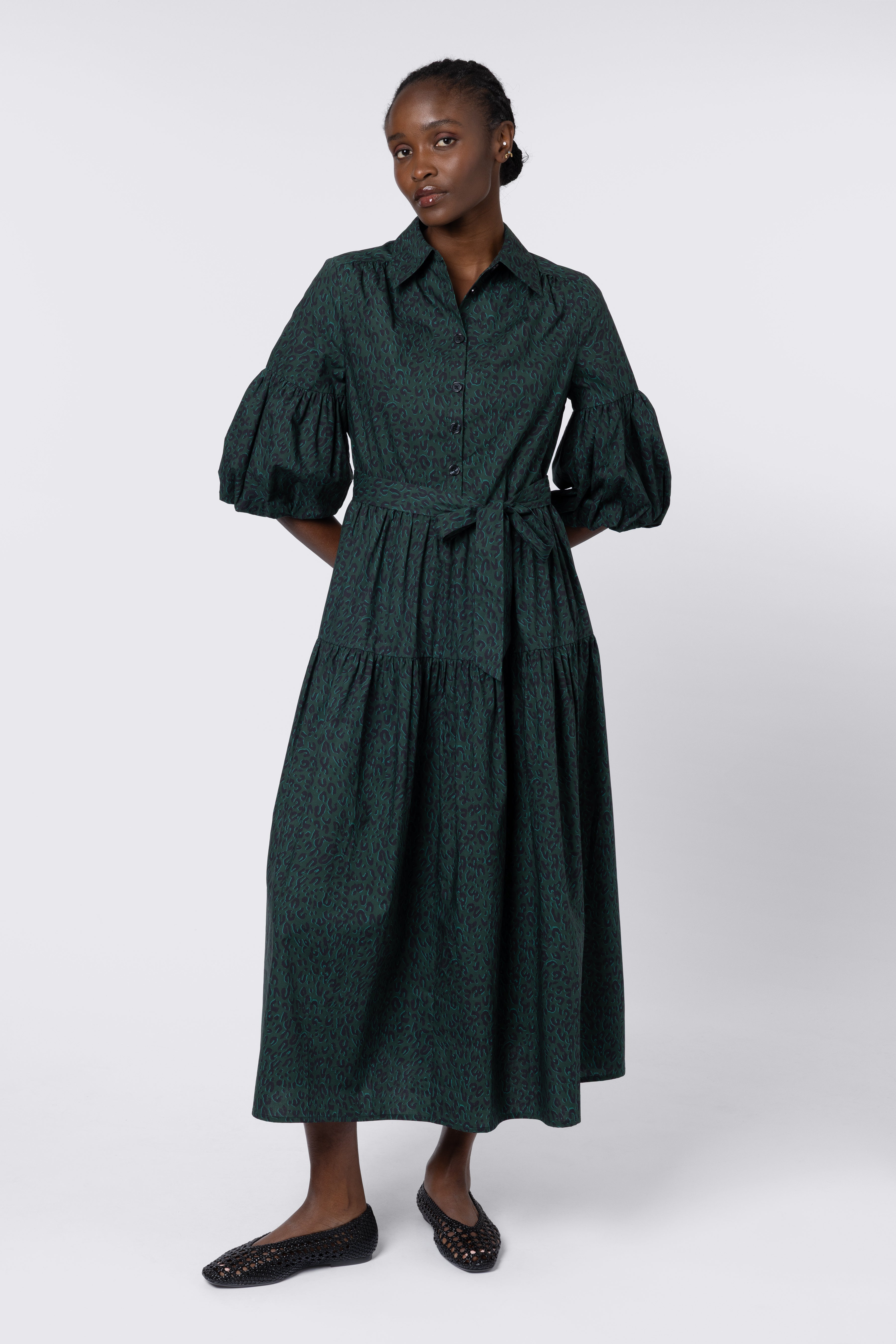 Elise Balloon Sleeve Dress - Teal Leopard