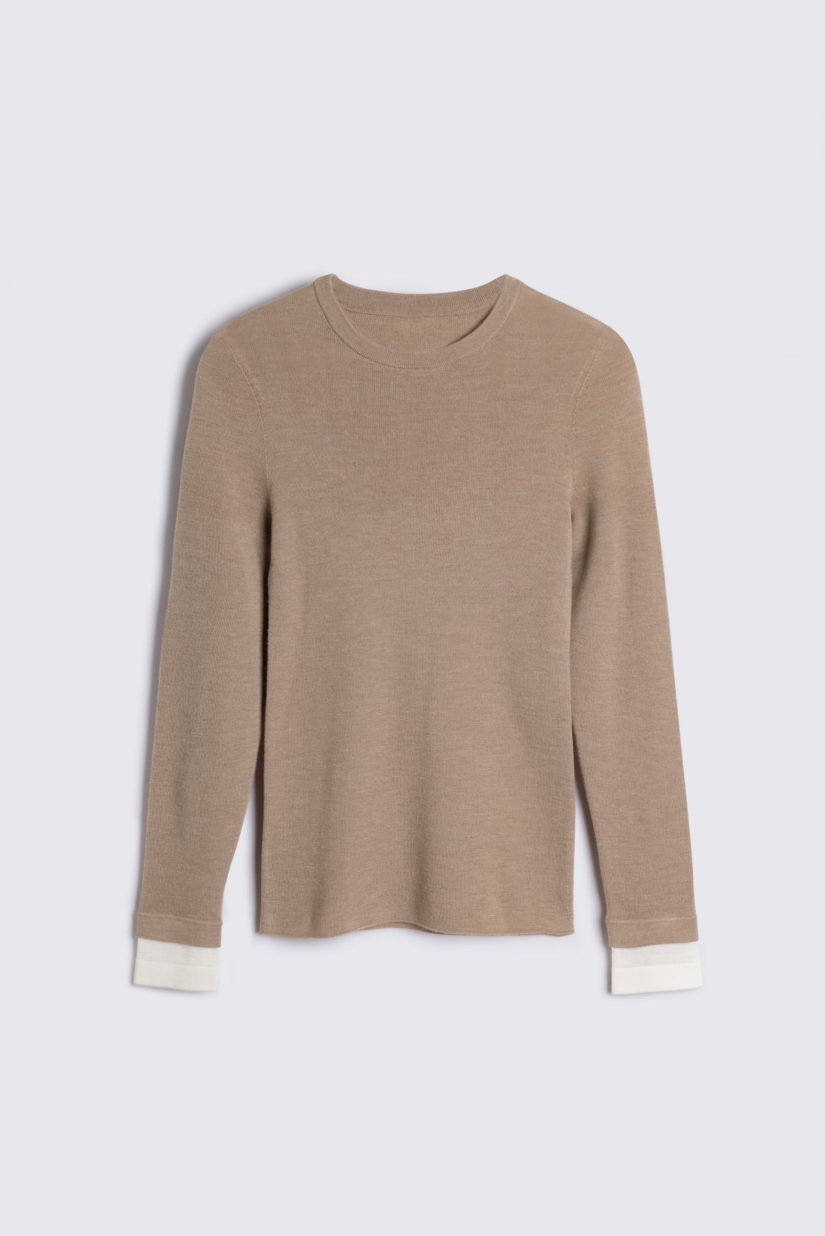 Camel jumper for women, the Trinny fine merino crewneck with an ivory contrast cuff