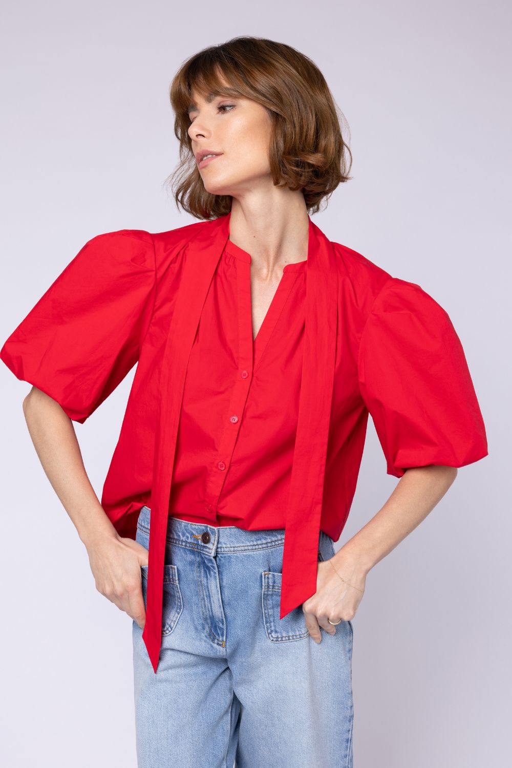 poppy puff sleeve top red puff sleeve womens blouse red tie neck womens blouse button up blouse ellen loves eleven loves 11loves sustainbable
