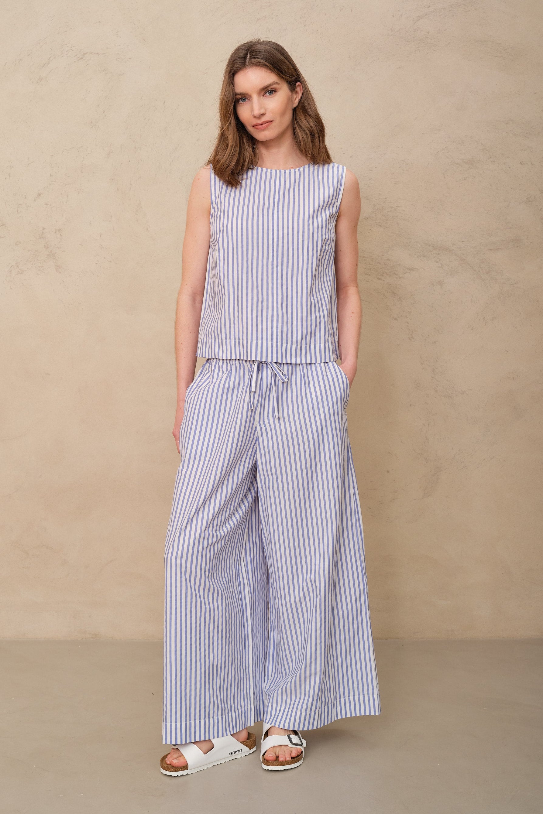 Joelle Wide Leg Trousers - Cotton Stripe
