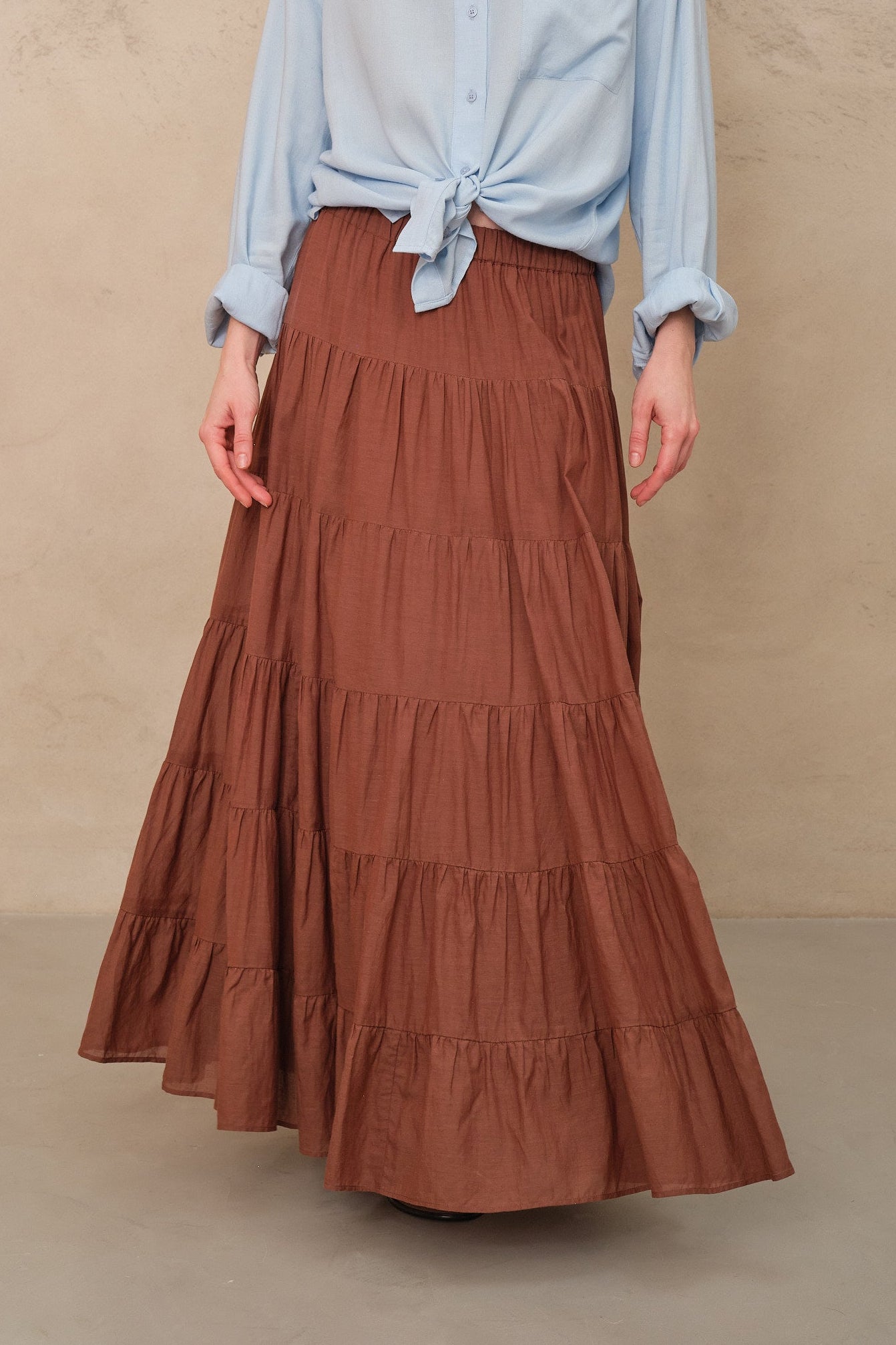 Tia Tiered Cotton Maxi Skirt - Gingerbread