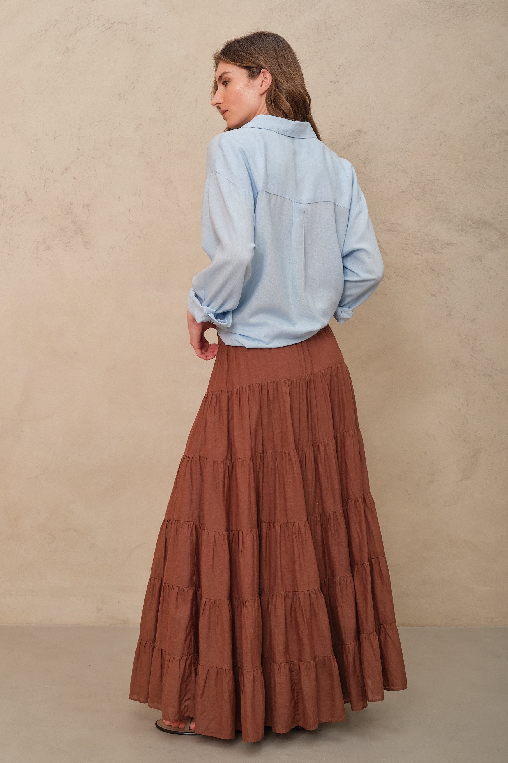 Tia Tiered Cotton Maxi Skirt - Gingerbread