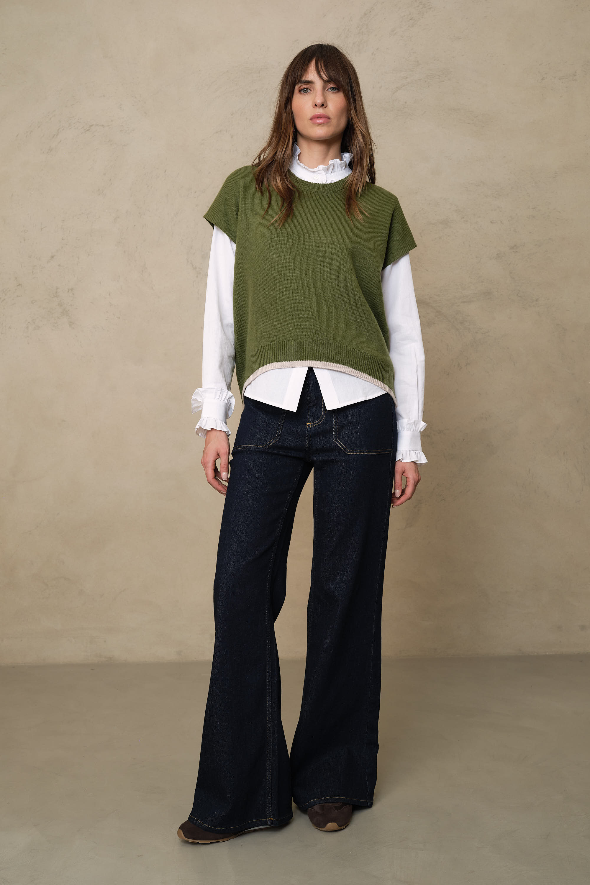 Ora knitted vest in light olive, a sleeveless wool and cashmere tank with a dropped shoulder