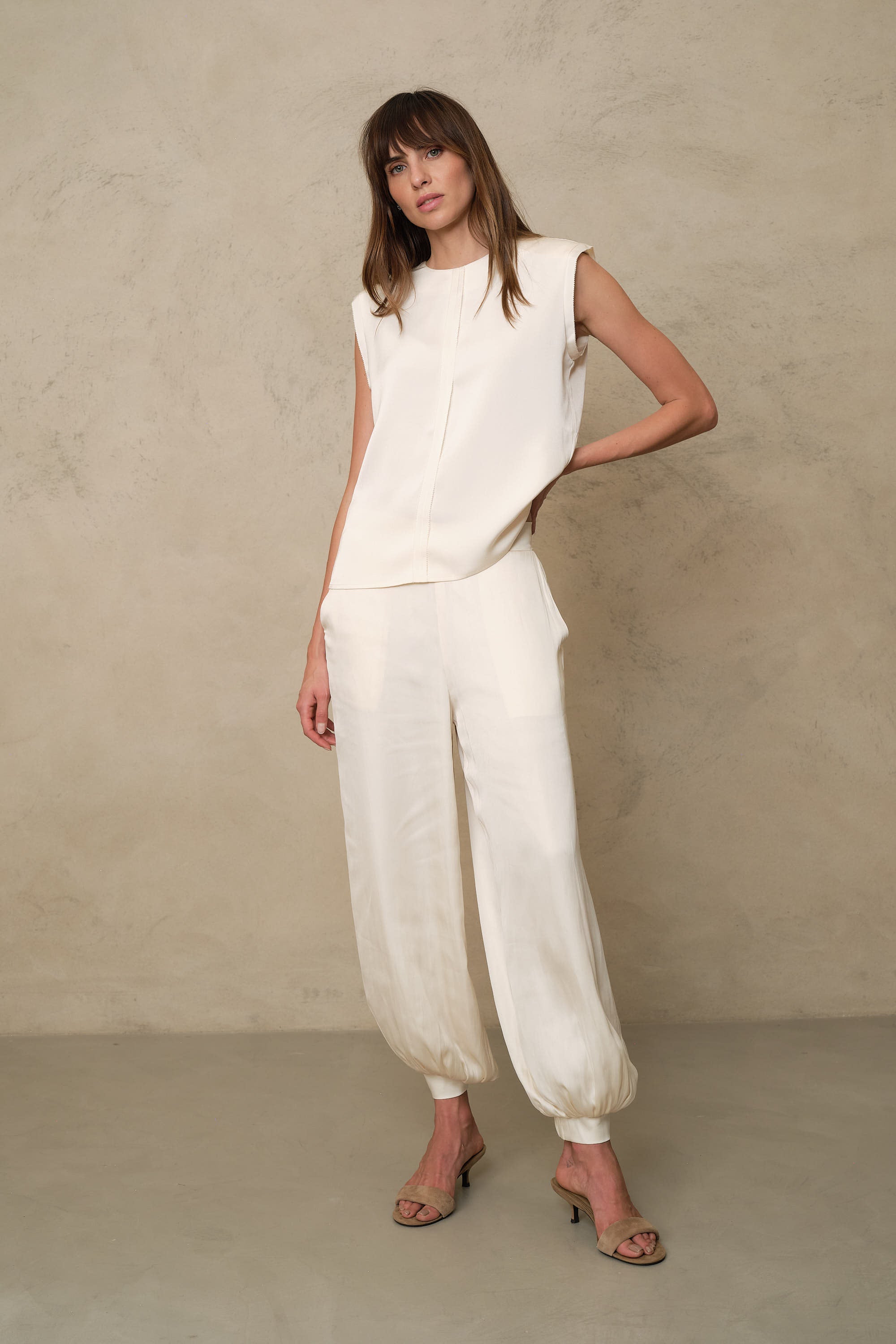 Skylar Satin Shoulder Pad T Shirt - Ivory
