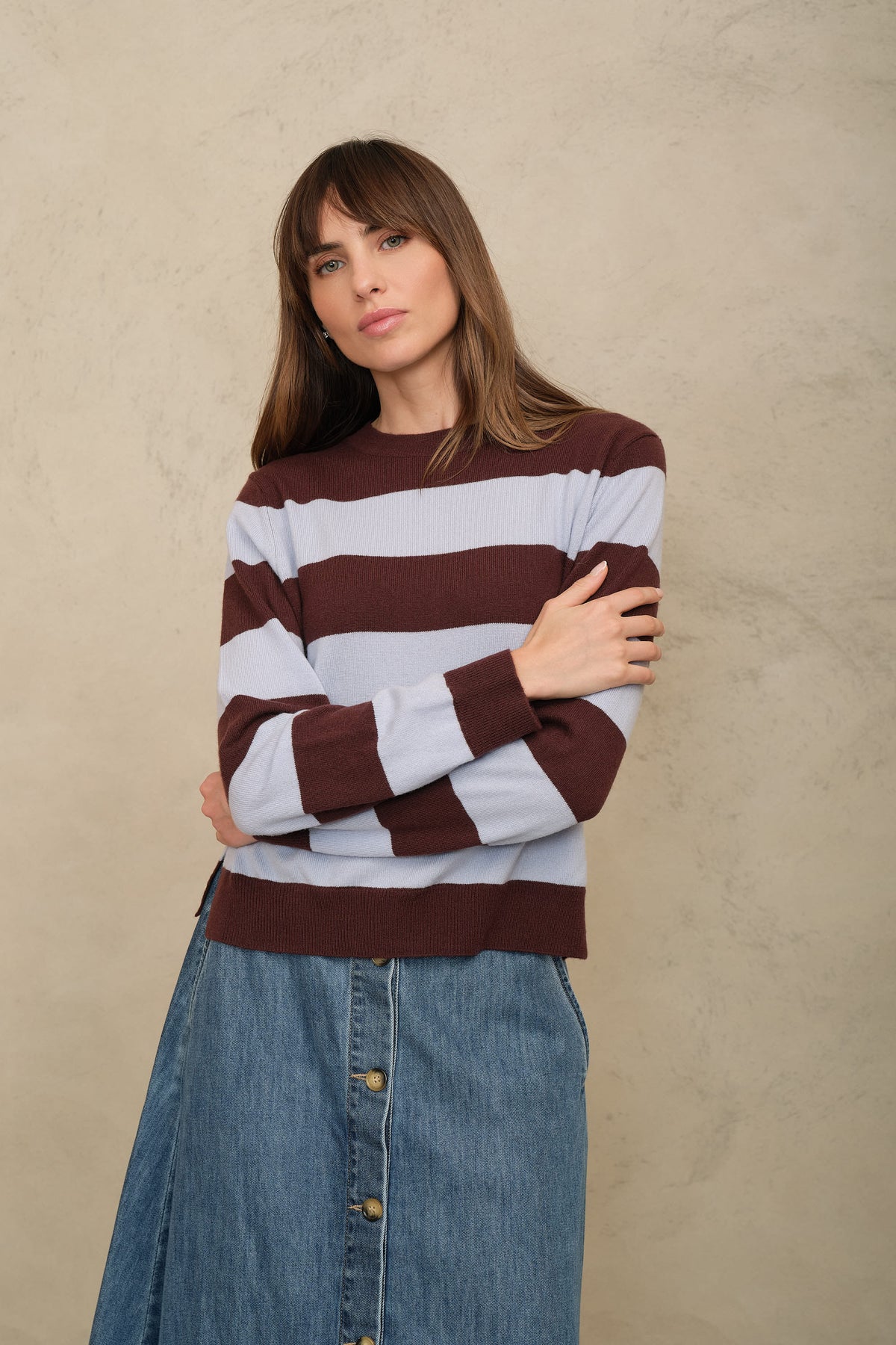 Camille cashmere blend striped jumper in sky blue and burgundy