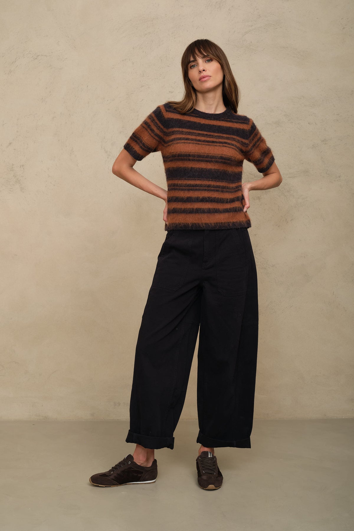 Cora Alpaca Blend Short Sleeve Striped Jumper - Gingerbread/Charcoal