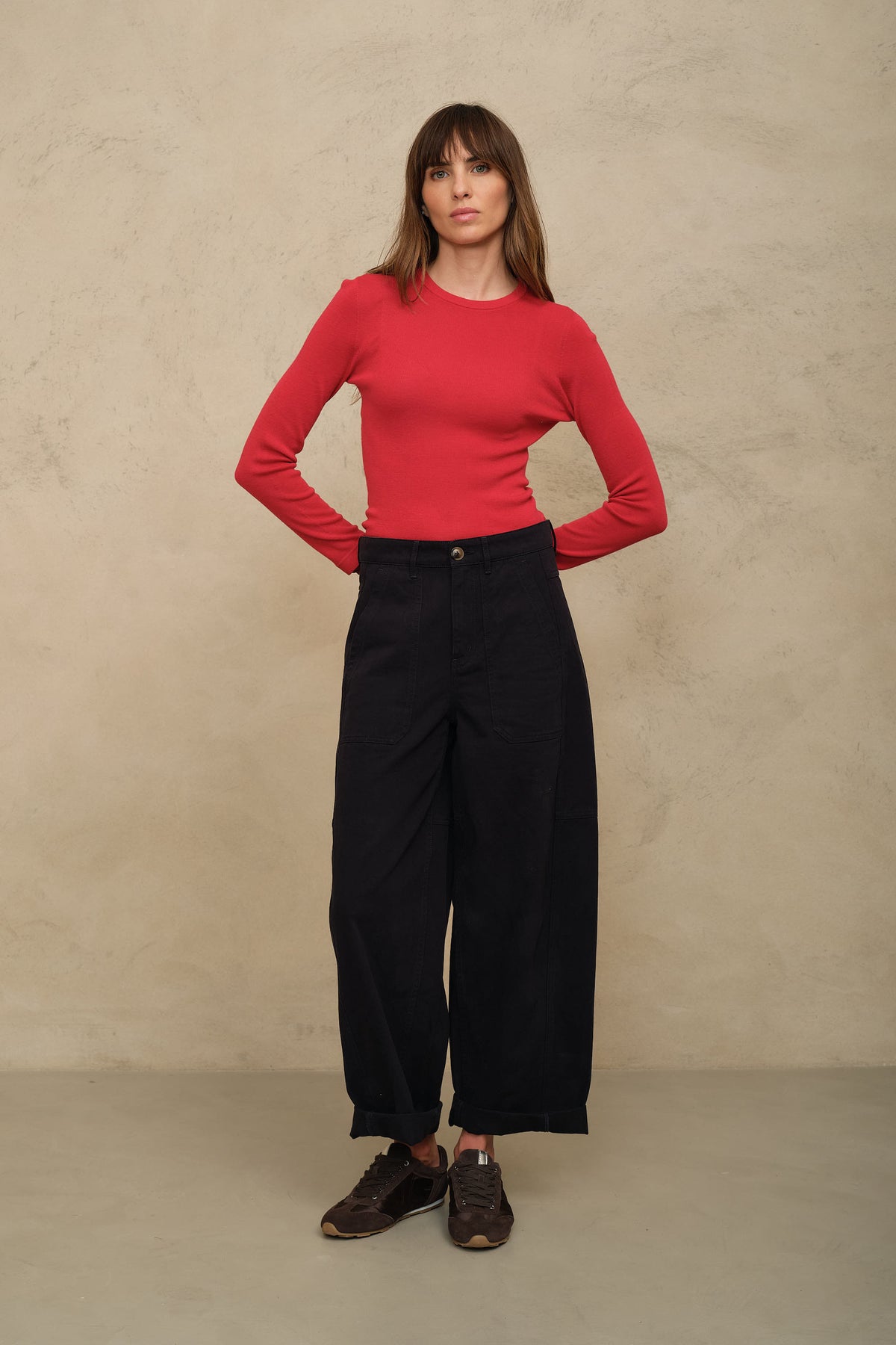 Trinny fine merino crewneck in red with a burgundy sleeve