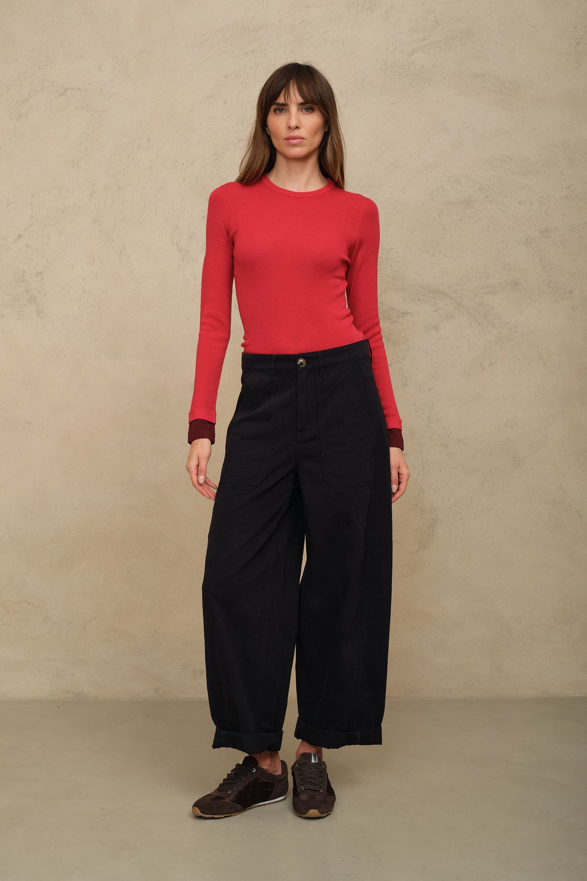 Trinny fine merino crewneck in red with a burgundy sleeve