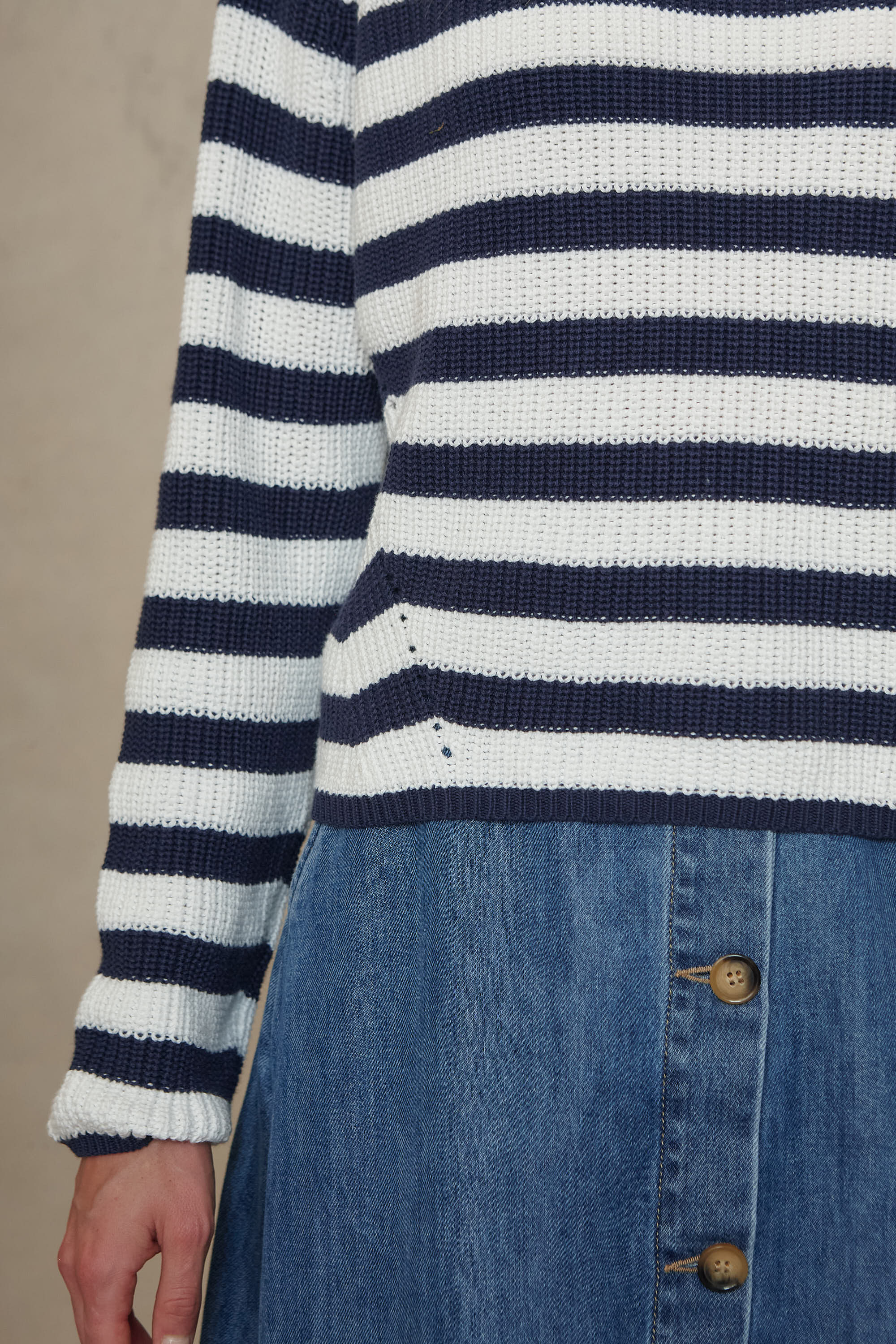 Polly navy striped pointelle jumper sleeve and ribbed cuff detail, close up