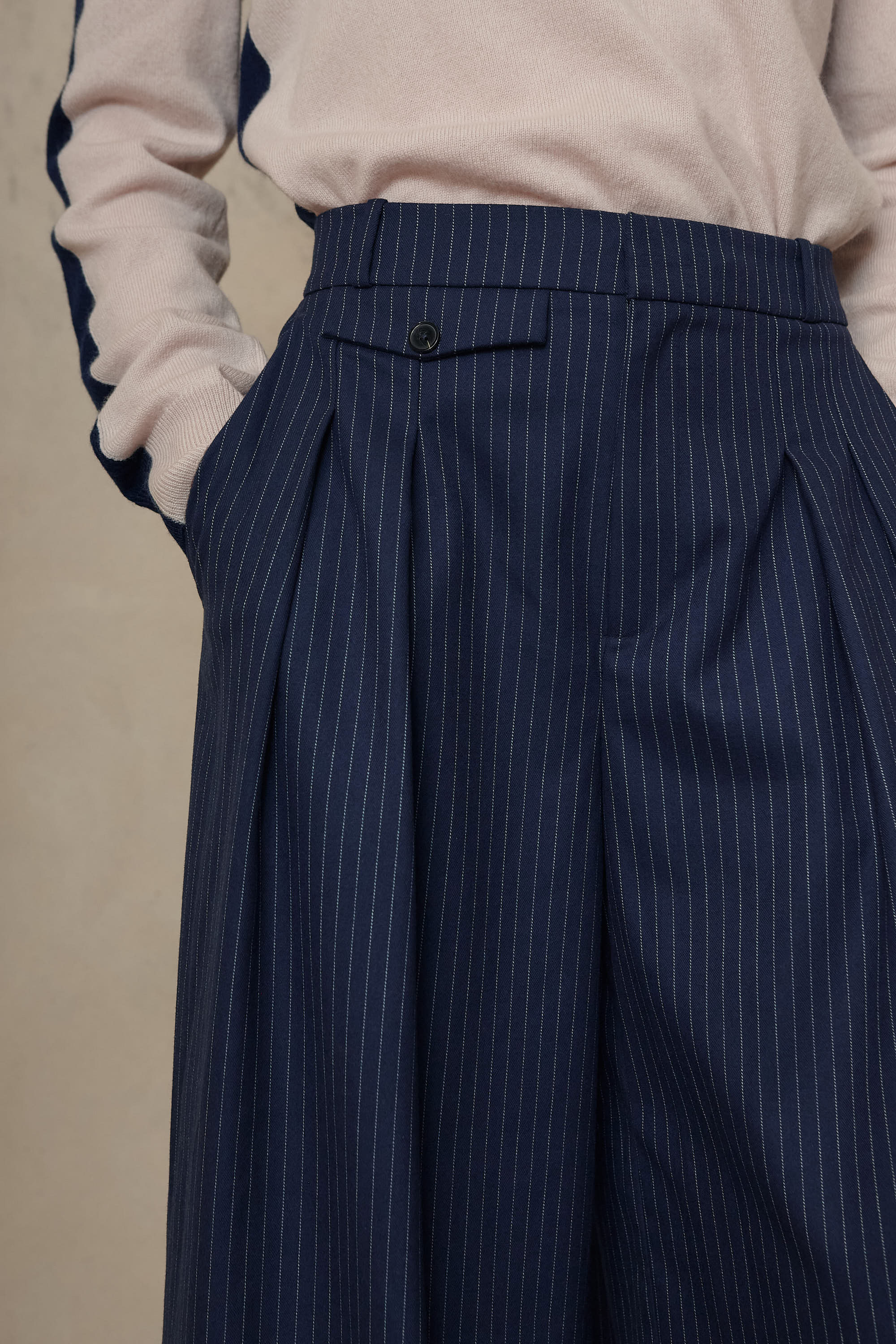 Dora Wide Leg Trousers - Navy Pinstripe