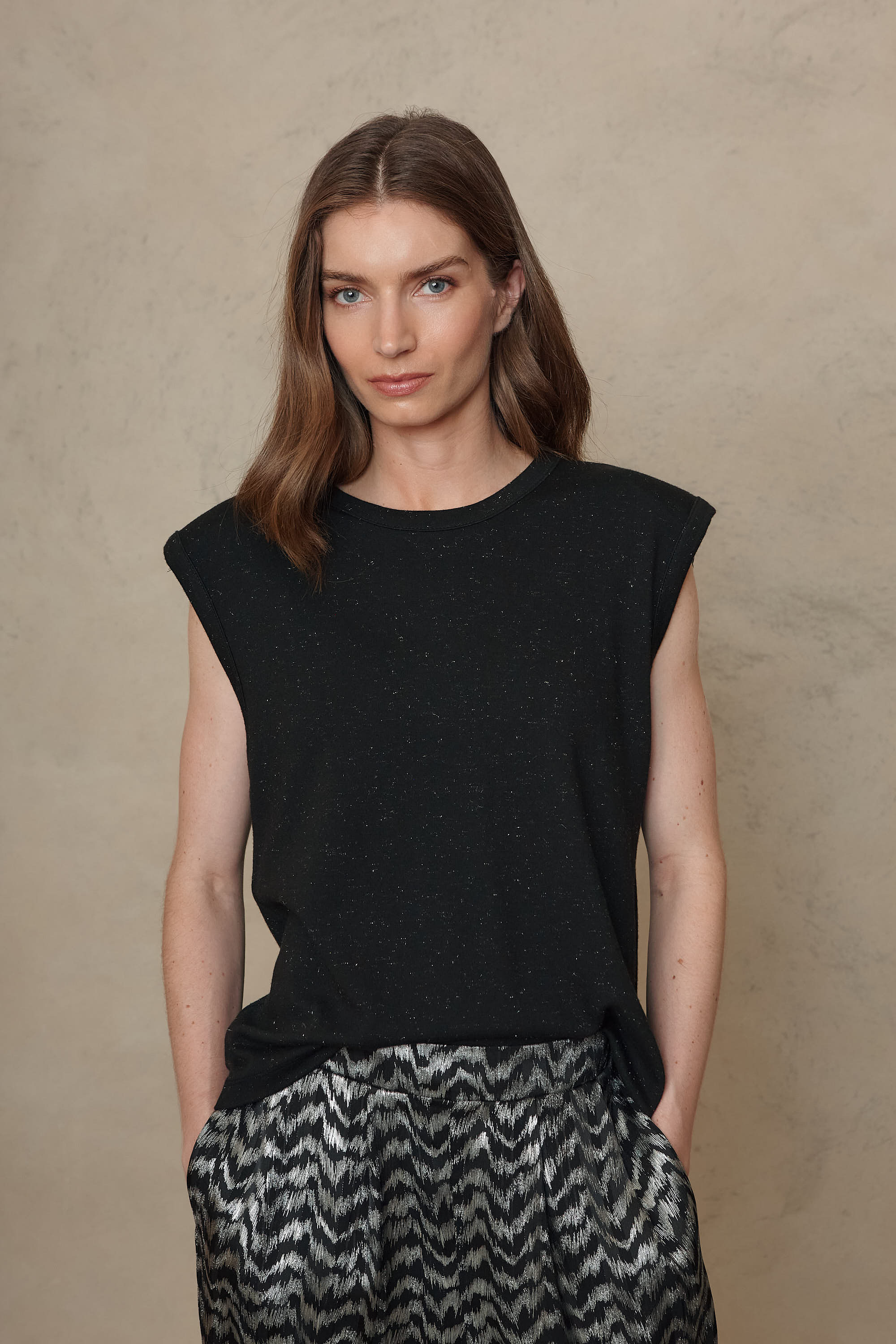 Skylar Sparkle Shoulder Pad T-Shirt - Black