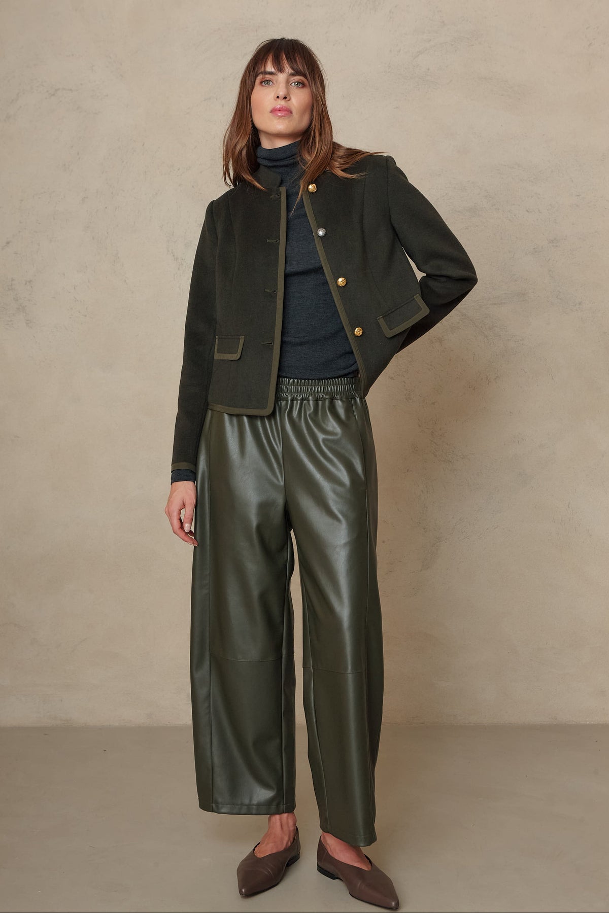 Billie Barrel Leg Faux Leather Trousers - Olive
