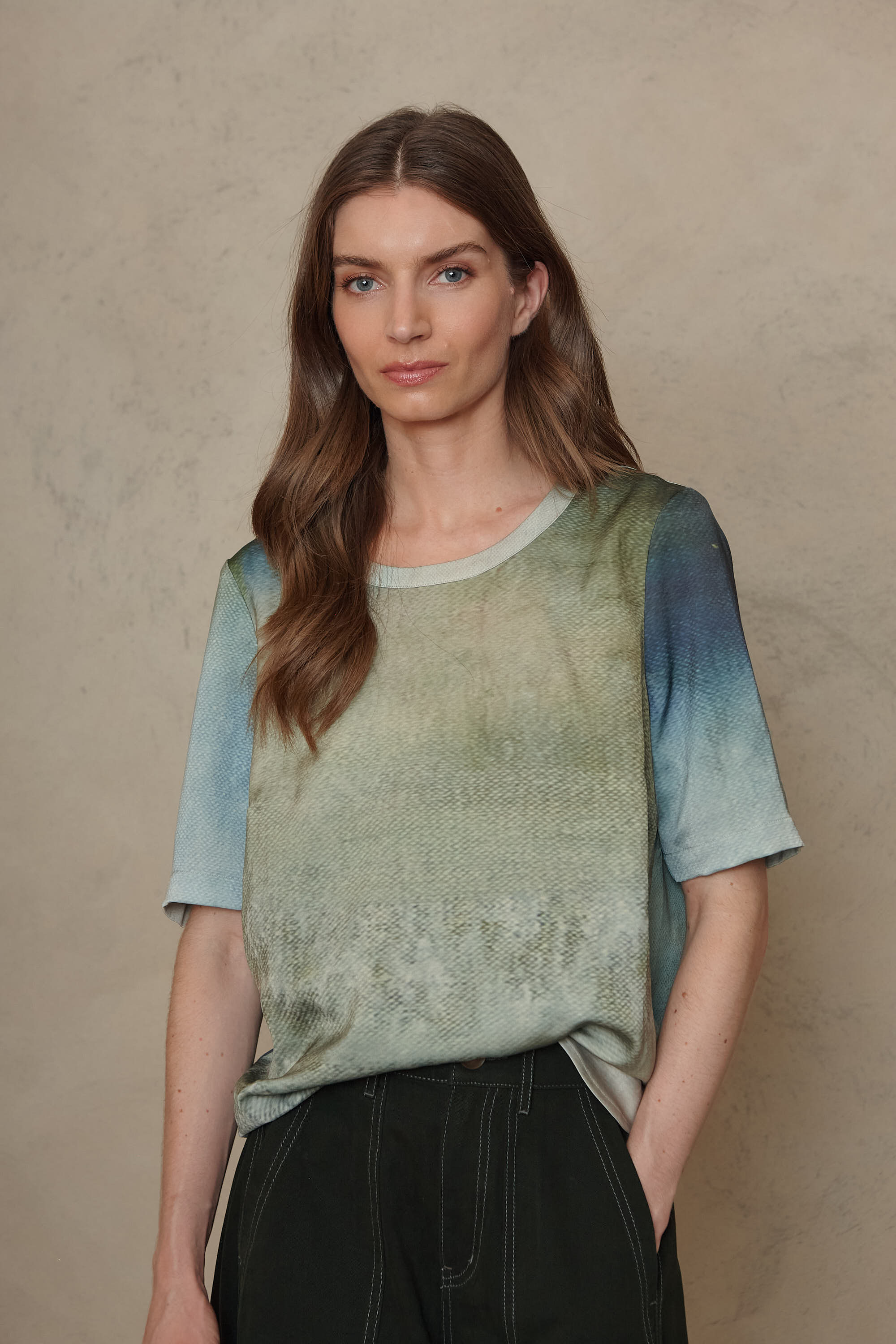 Faye printed satin t shirt in an exclusive Claire Hankey art print, a green abstract print by Eleven Loves