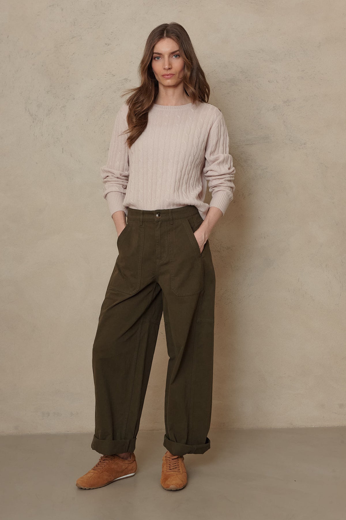 Cory soft stone cable knit jumper, cable texture detail