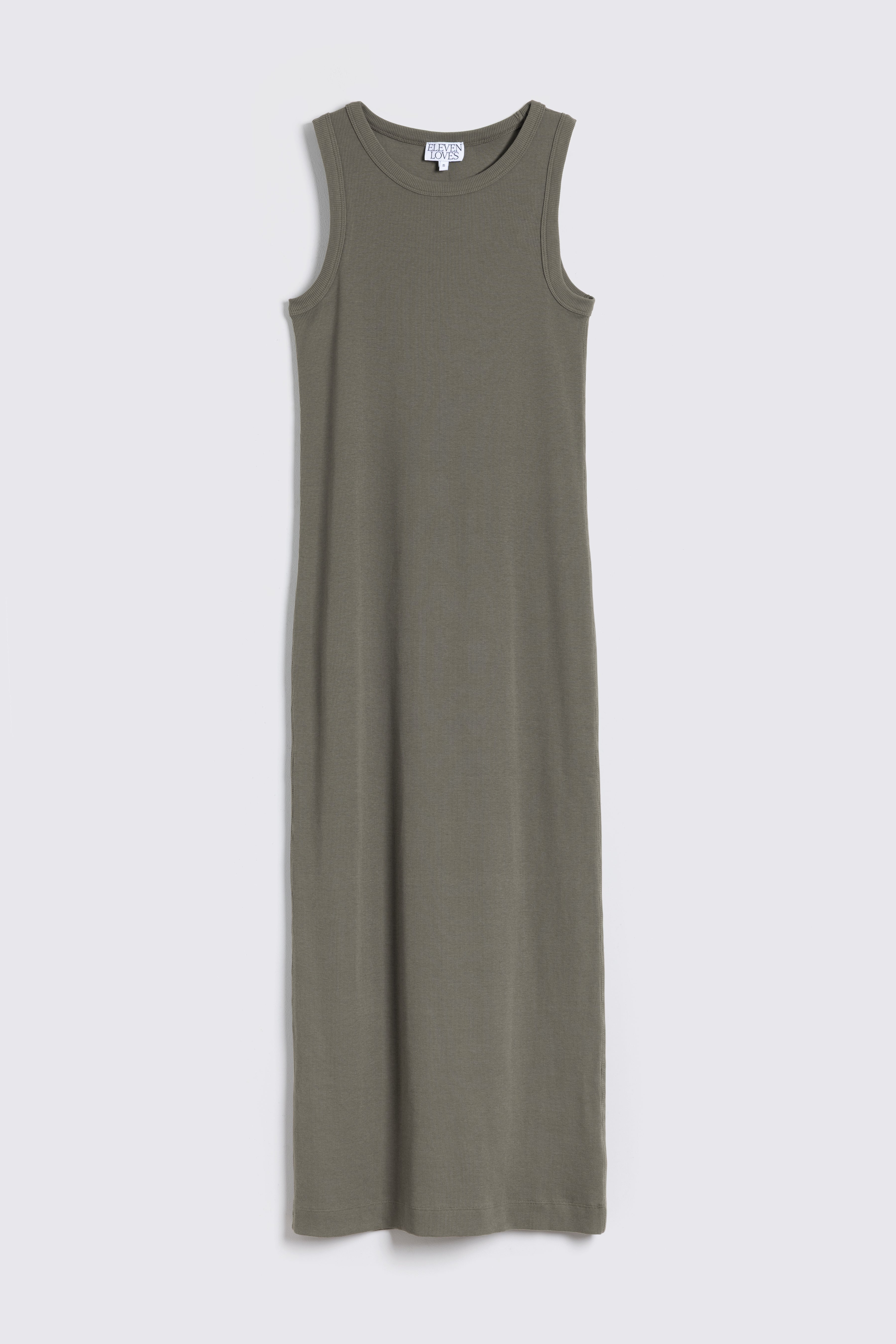 Long sleeveless olive green dress on a light gray background