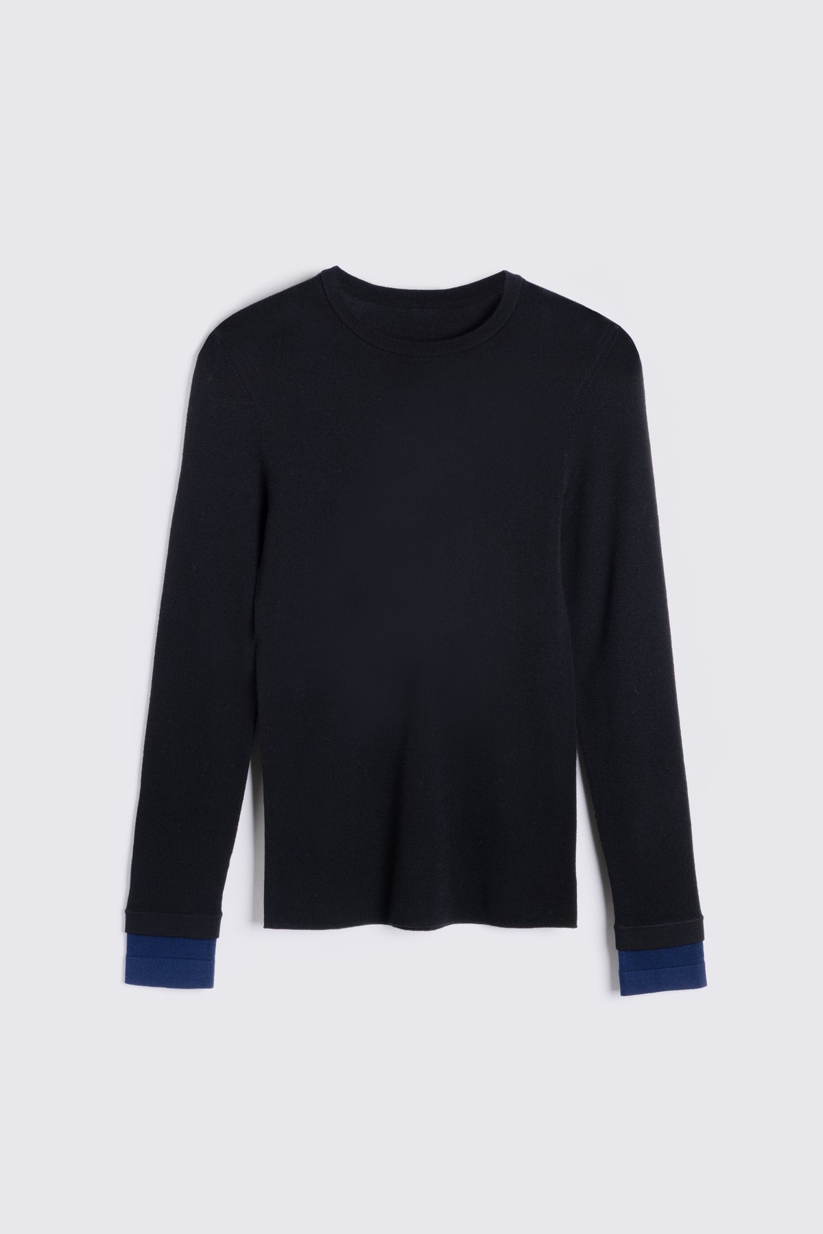 Black crew neck jumper, the Trinny fine merino with a navy contrast cuff