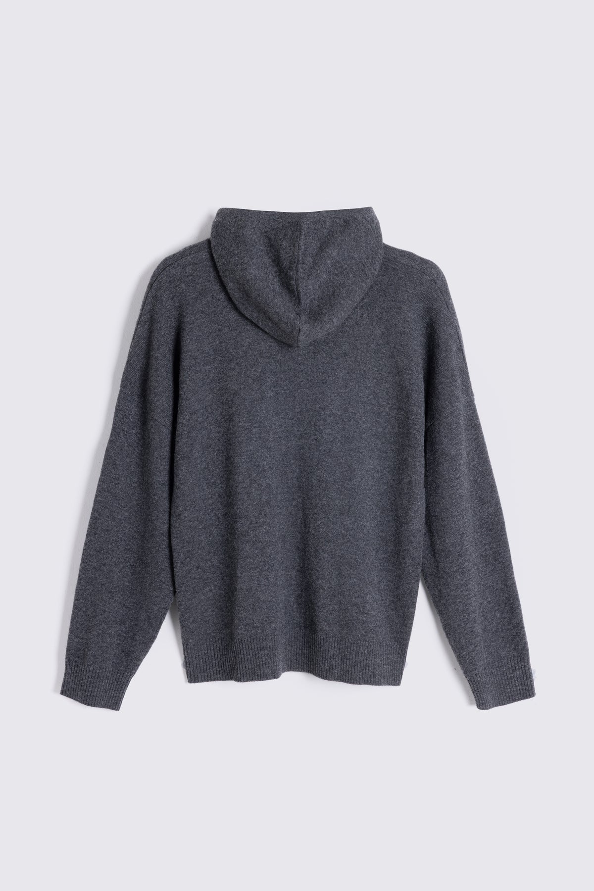 Heidi charcoal cashmere blend hoodie worn as a crew neck with the hood removed