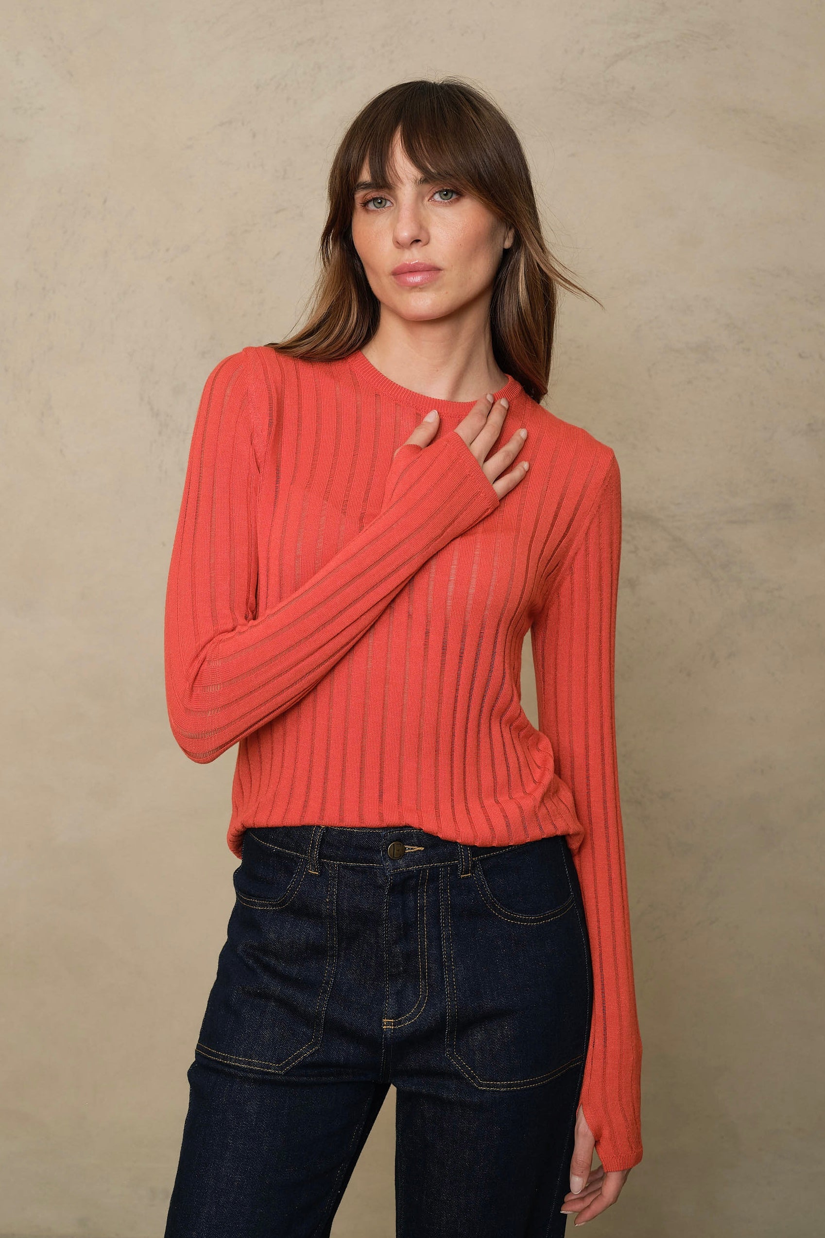 Iggy Sheer Rib Jumper - Burnt Orange