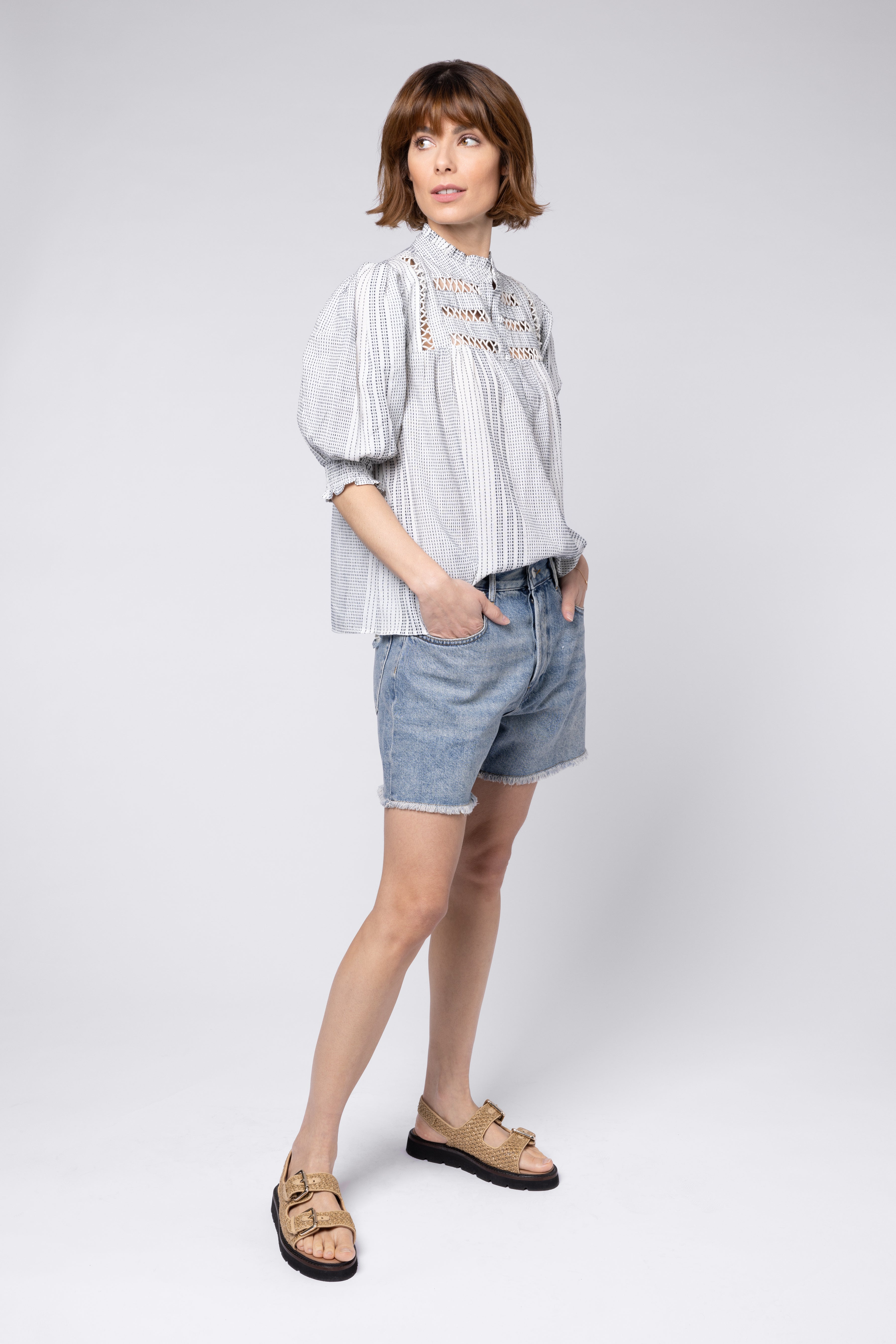 ellen stripe blouse cross hatch detail style blouse blue and white blouse puff sleeve eleven loves 11loves ellen loves sustainable