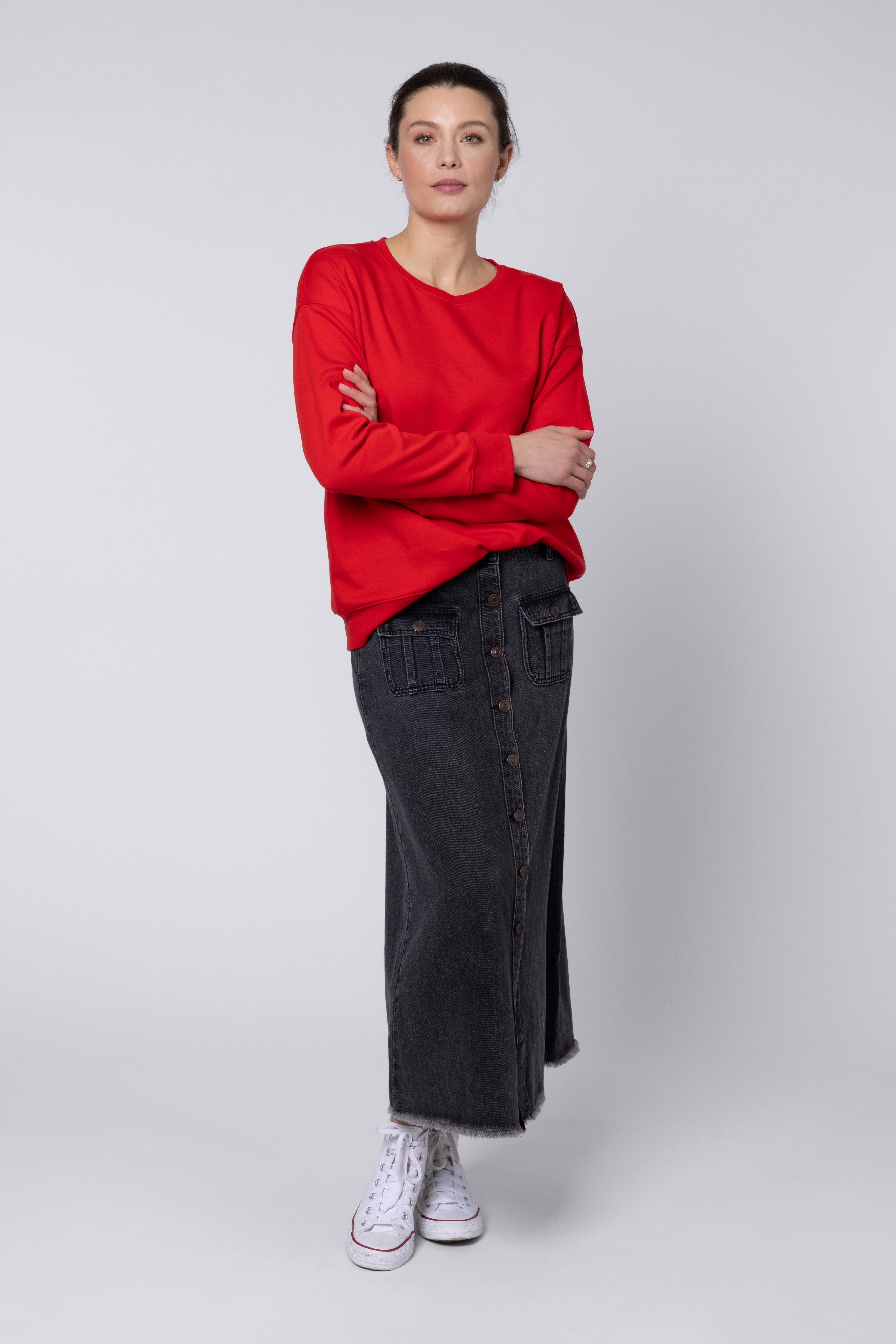 model wearing A Line Denim Skirt Black Eleven Loves UK