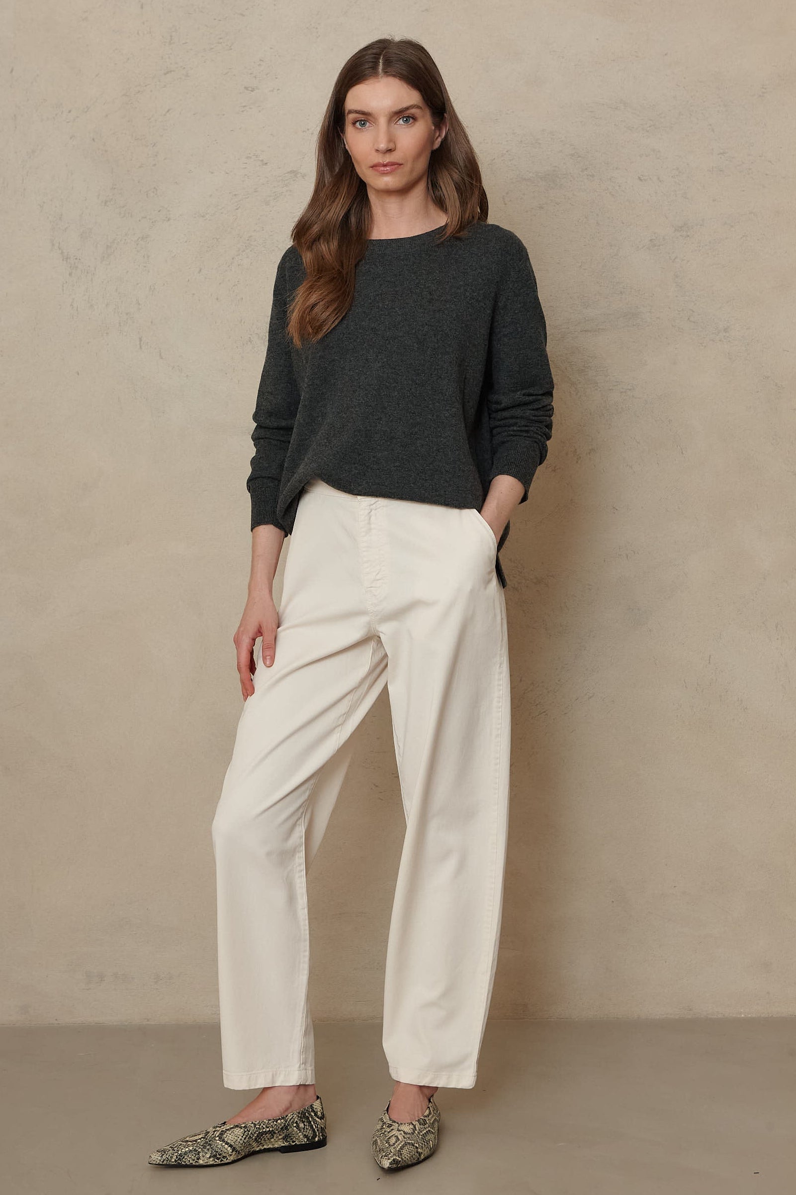 Kate ecru cargo trousers layered with the Alex charcoal cashmere blend jumper and flat loafers
