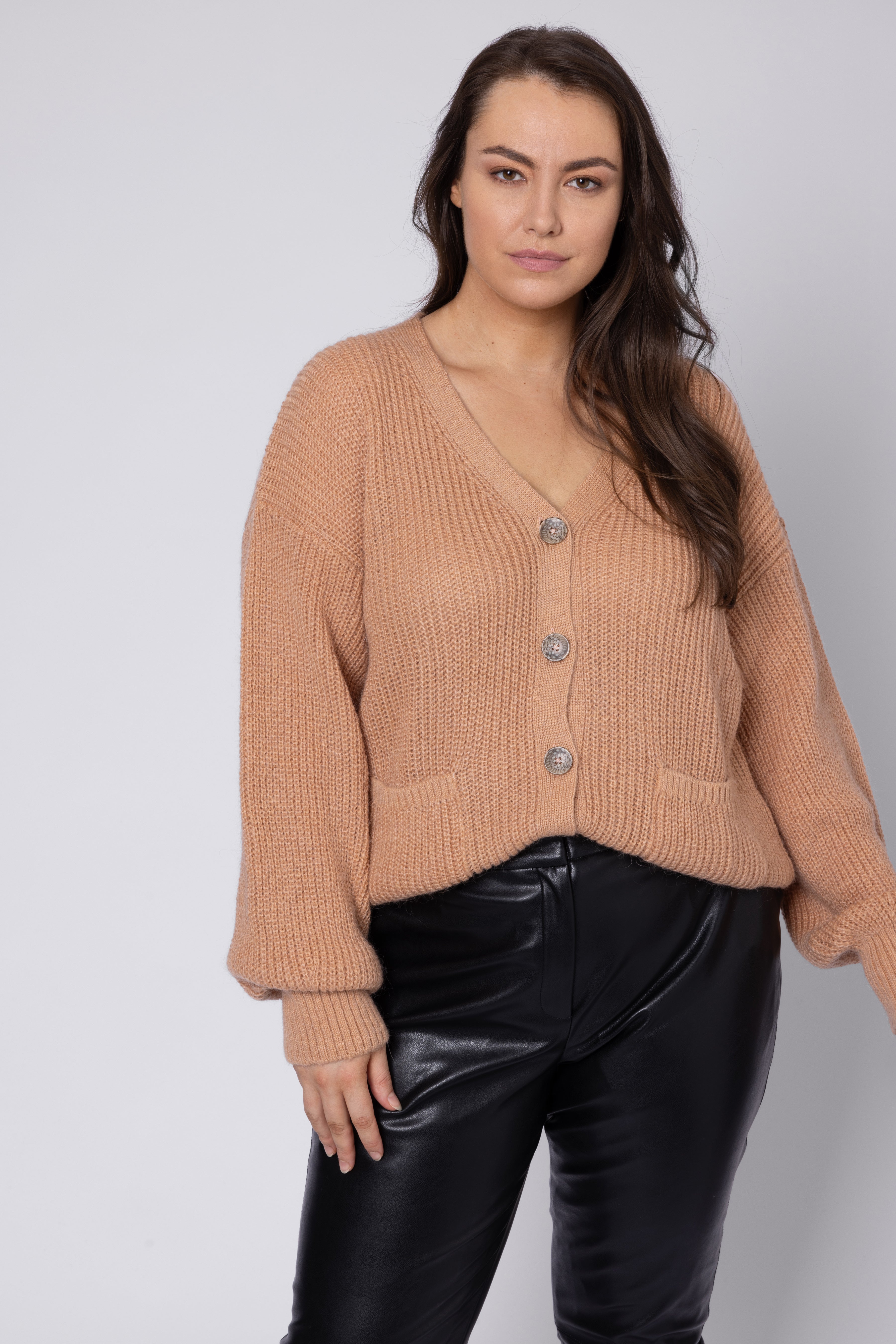model wearing Balloon Sleeve Cardigan Eleven Loves