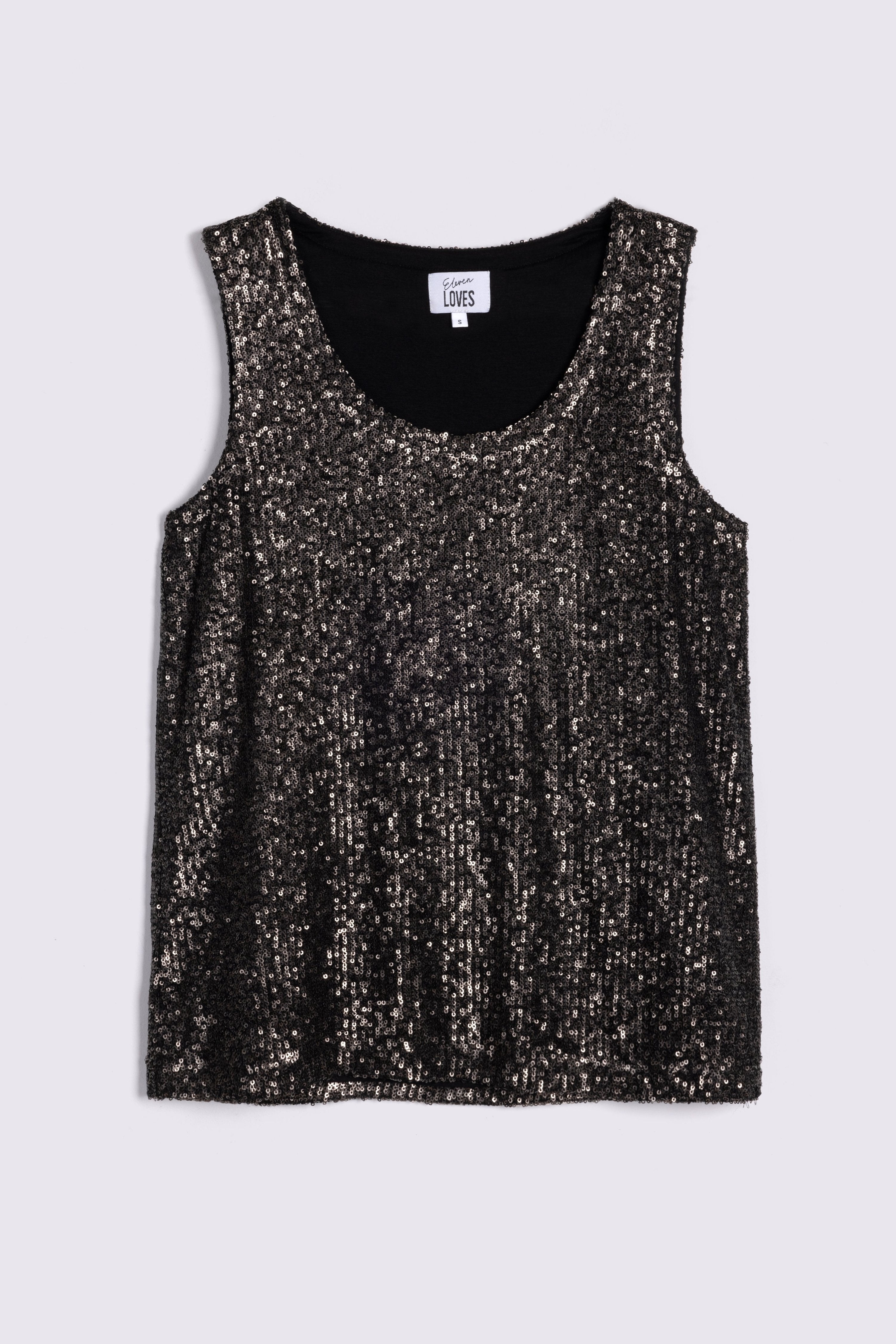 Black Sequin Vest Top Eleven Loves UK on white background
