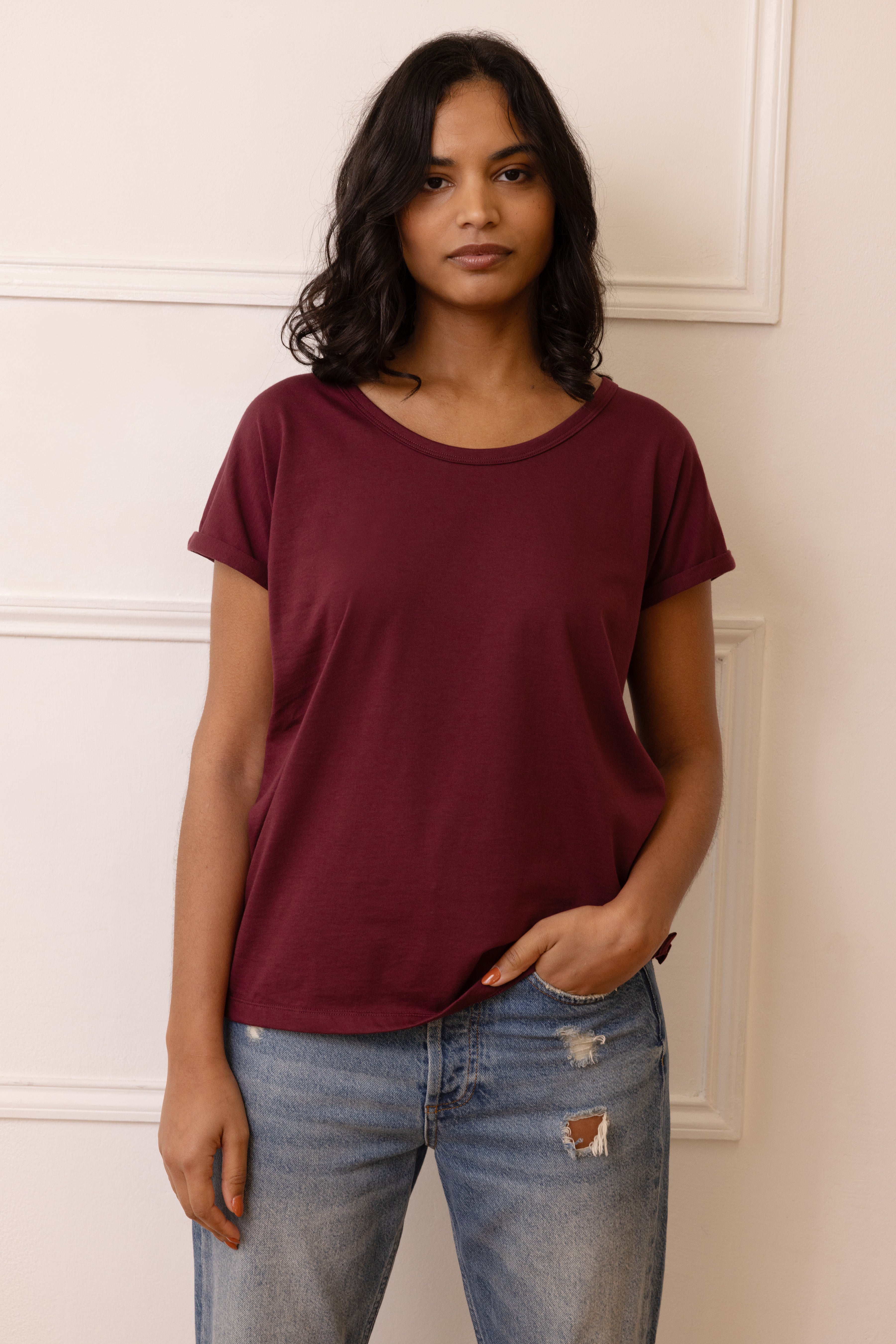 The Perfect Roll Sleeve T-Shirt - Dark Cherry