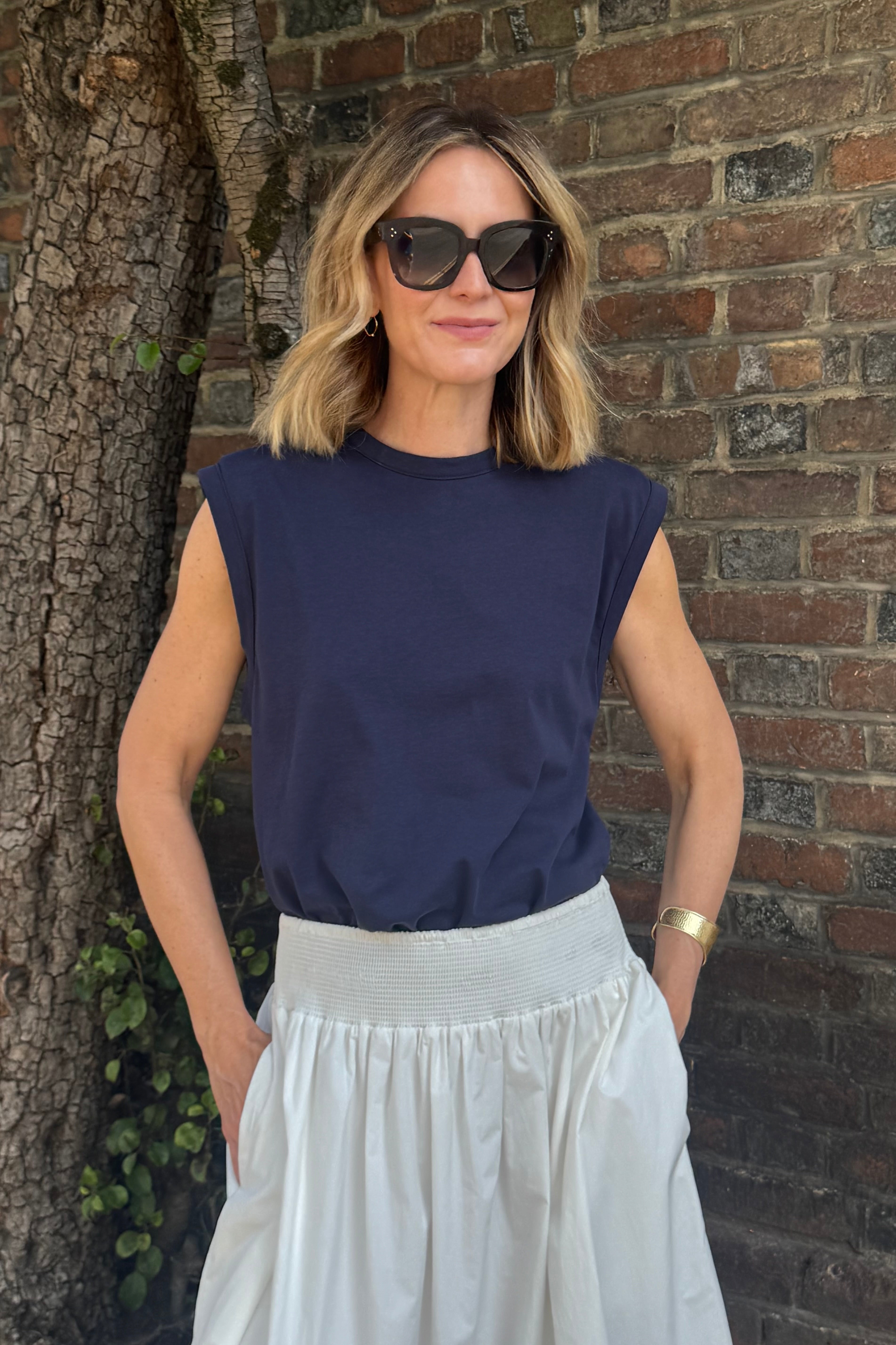 Skylar Shoulder Pad T-Shirt - Navy