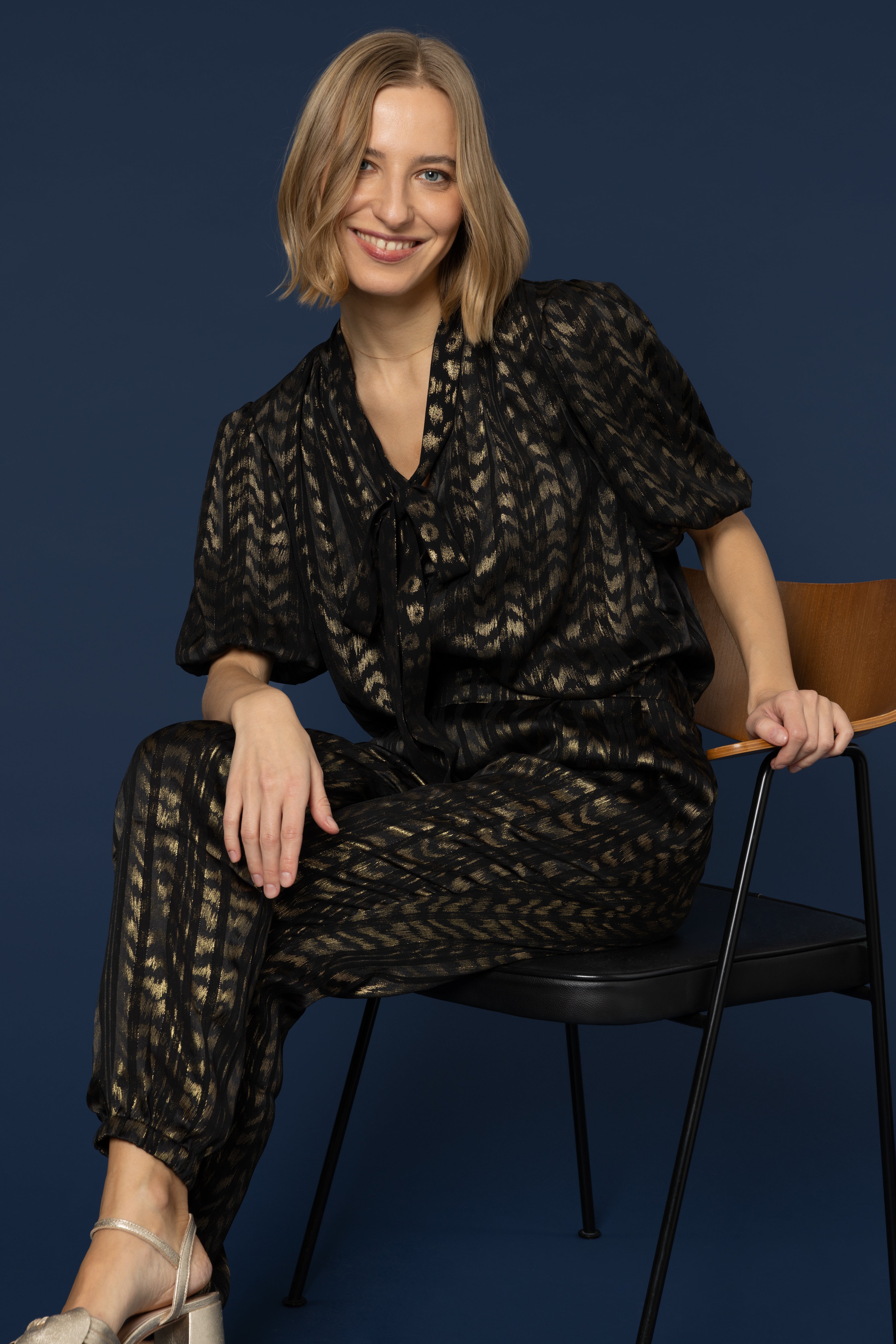 Poppy Puff Sleeve Blouse - Black/Gold