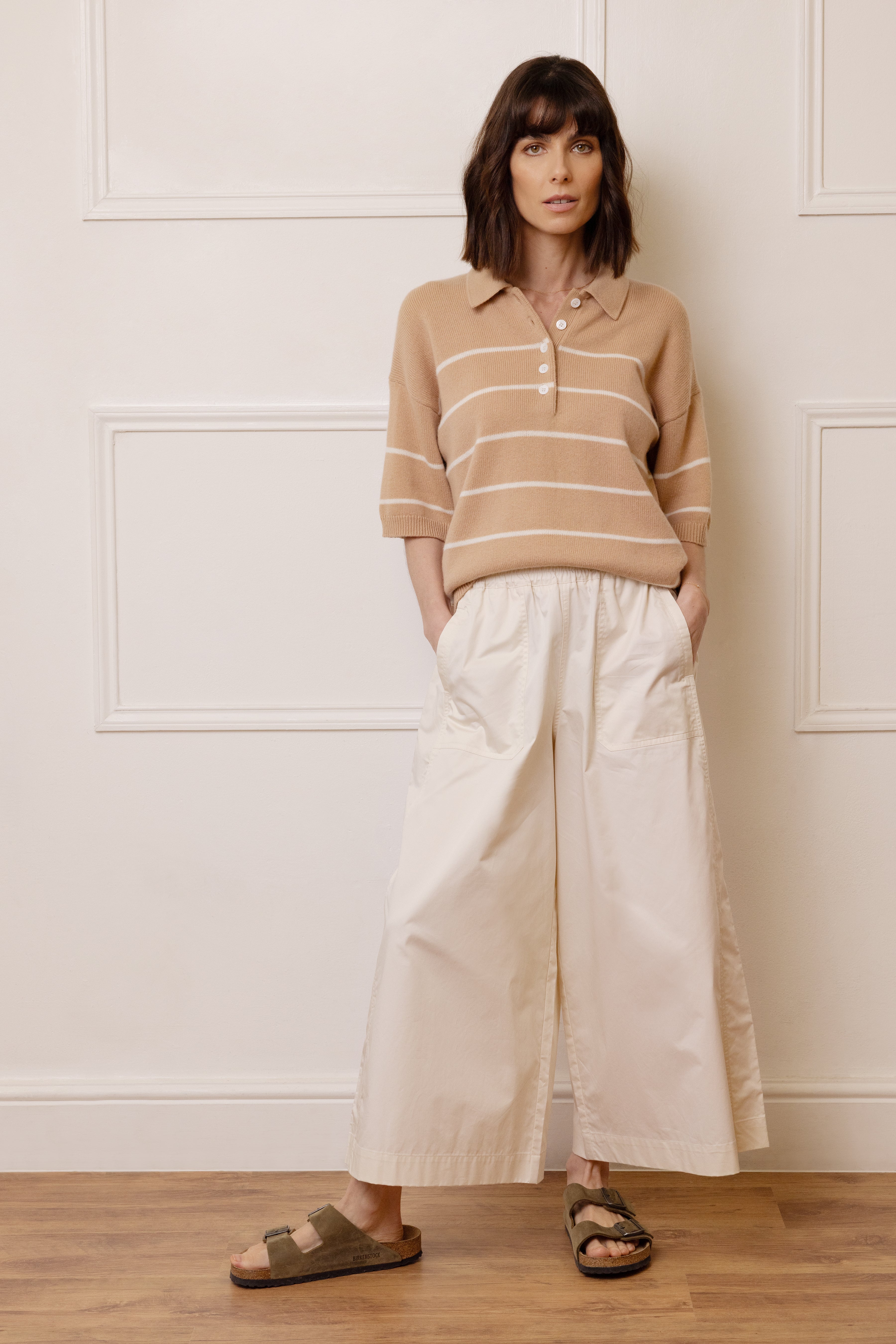 Noah Button Neck Cashmere Blend Jumper - Cappuccino/Ivory Stripe