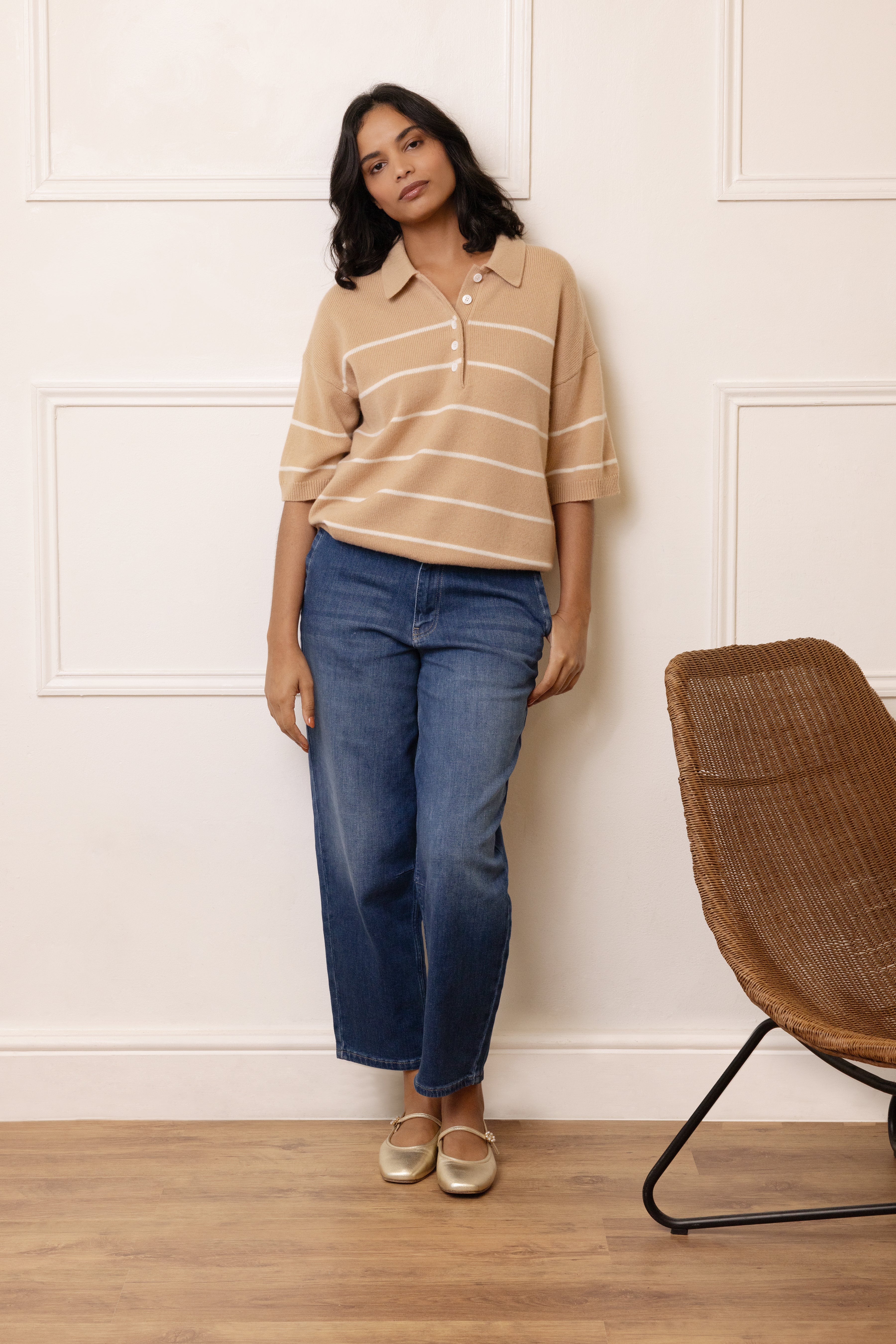 Noah Button Neck Cashmere Blend Jumper - Cappuccino/Ivory Stripe - Eleven Loves