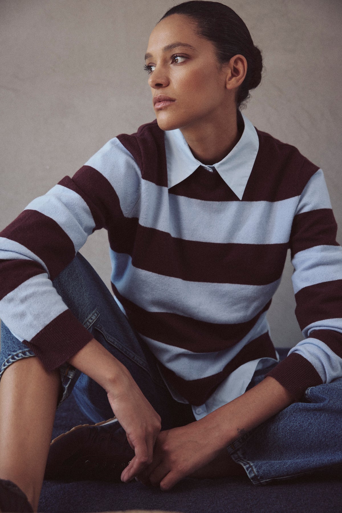 Camille cashmere blend striped jumper in sky blue and burgundy