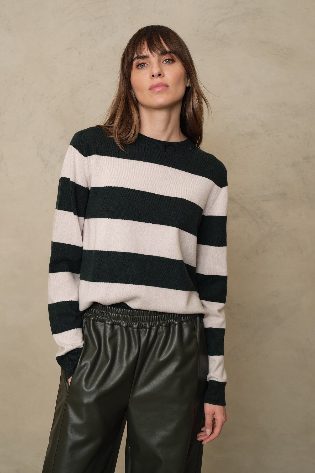 Camille cashmere blend striped jumper in soft stone and bottle green