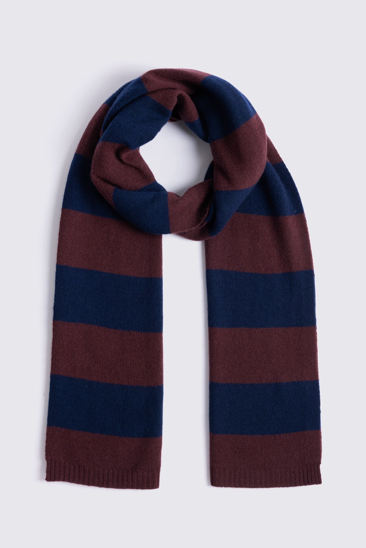 Carmel cashmere blend scarf in navy and burgundy block stripes laid flat