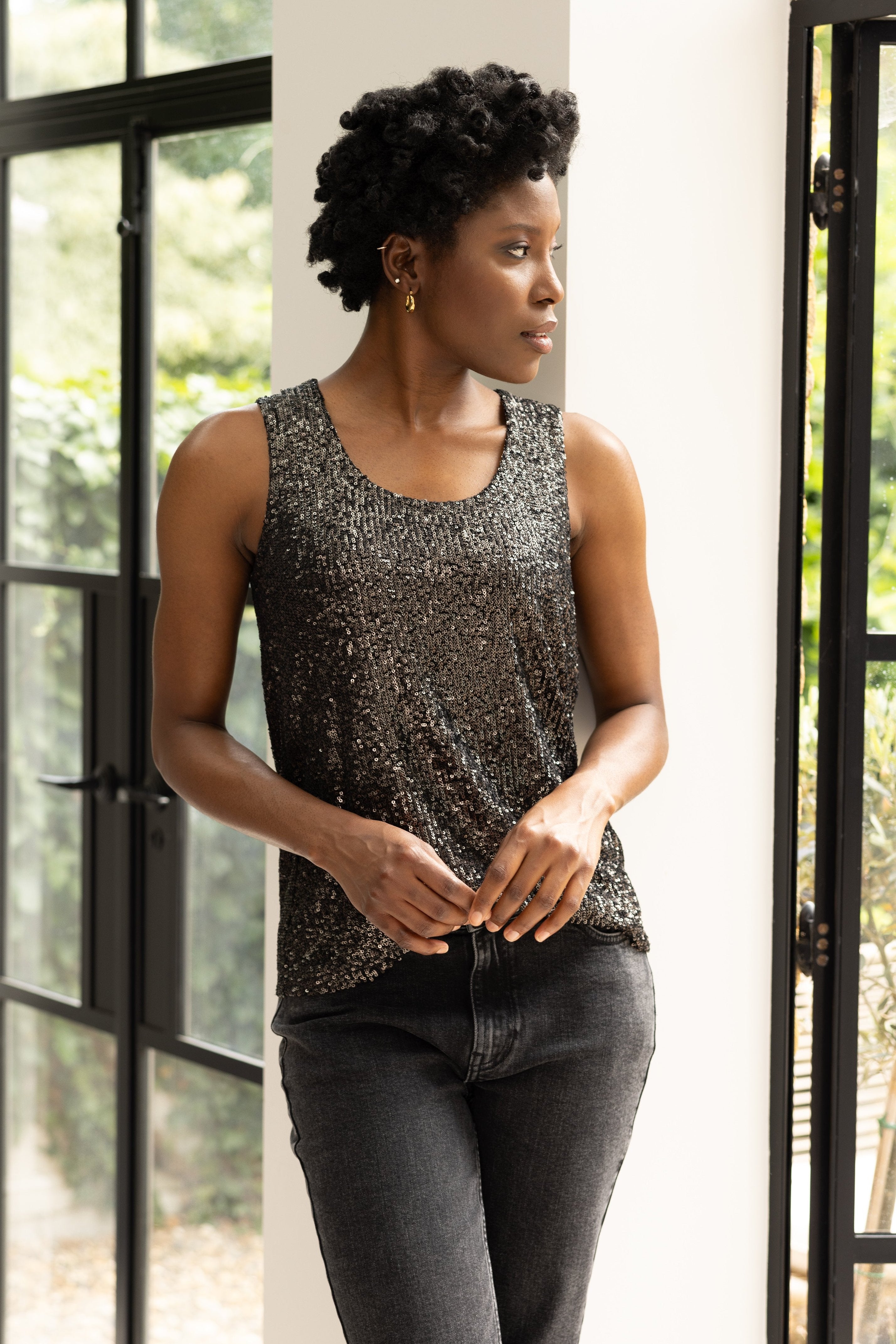 model wearing Chloe Sequin Vest Eleven Loves