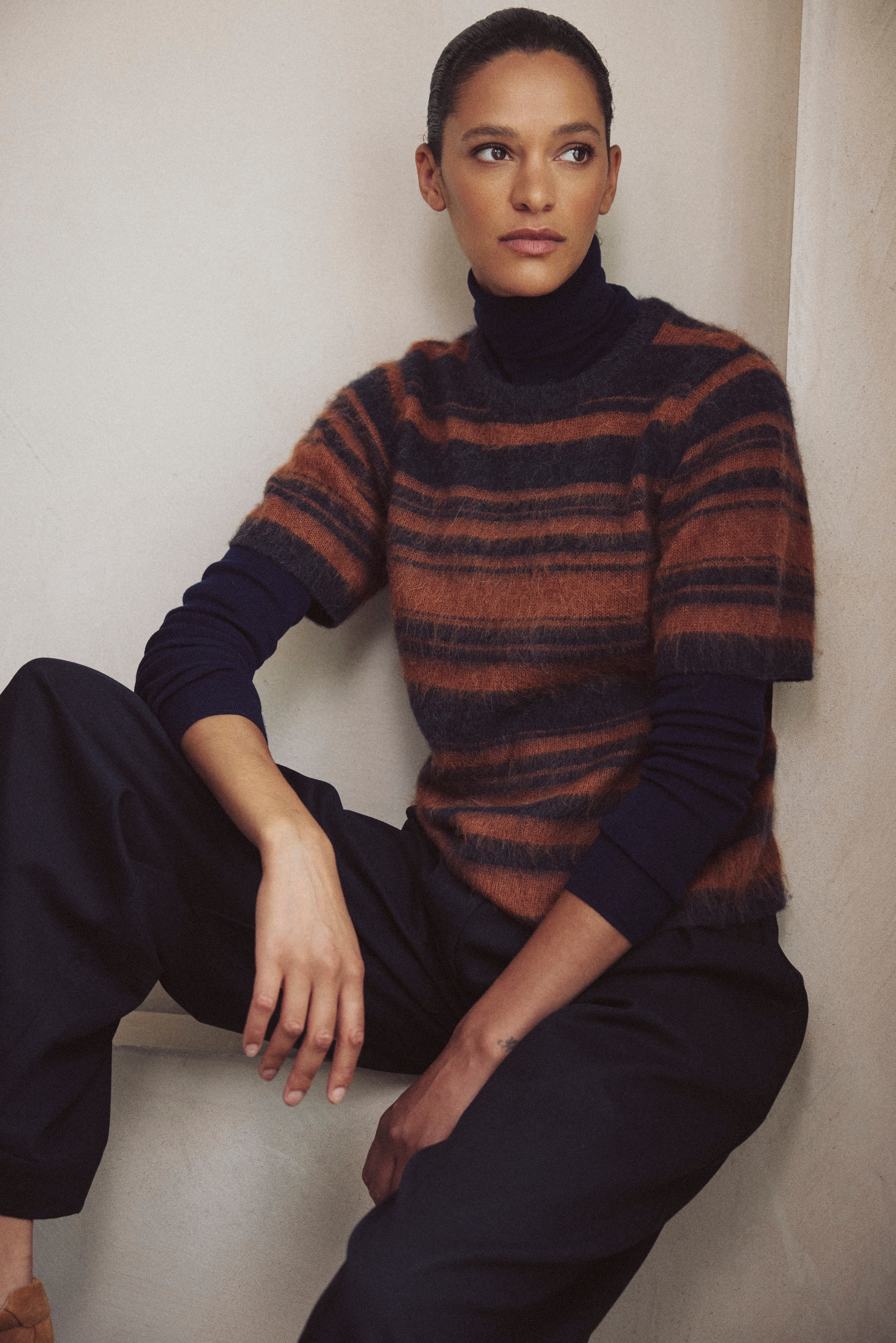 Cora Alpaca Blend Short Sleeve Striped Jumper - Gingerbread/Charcoal