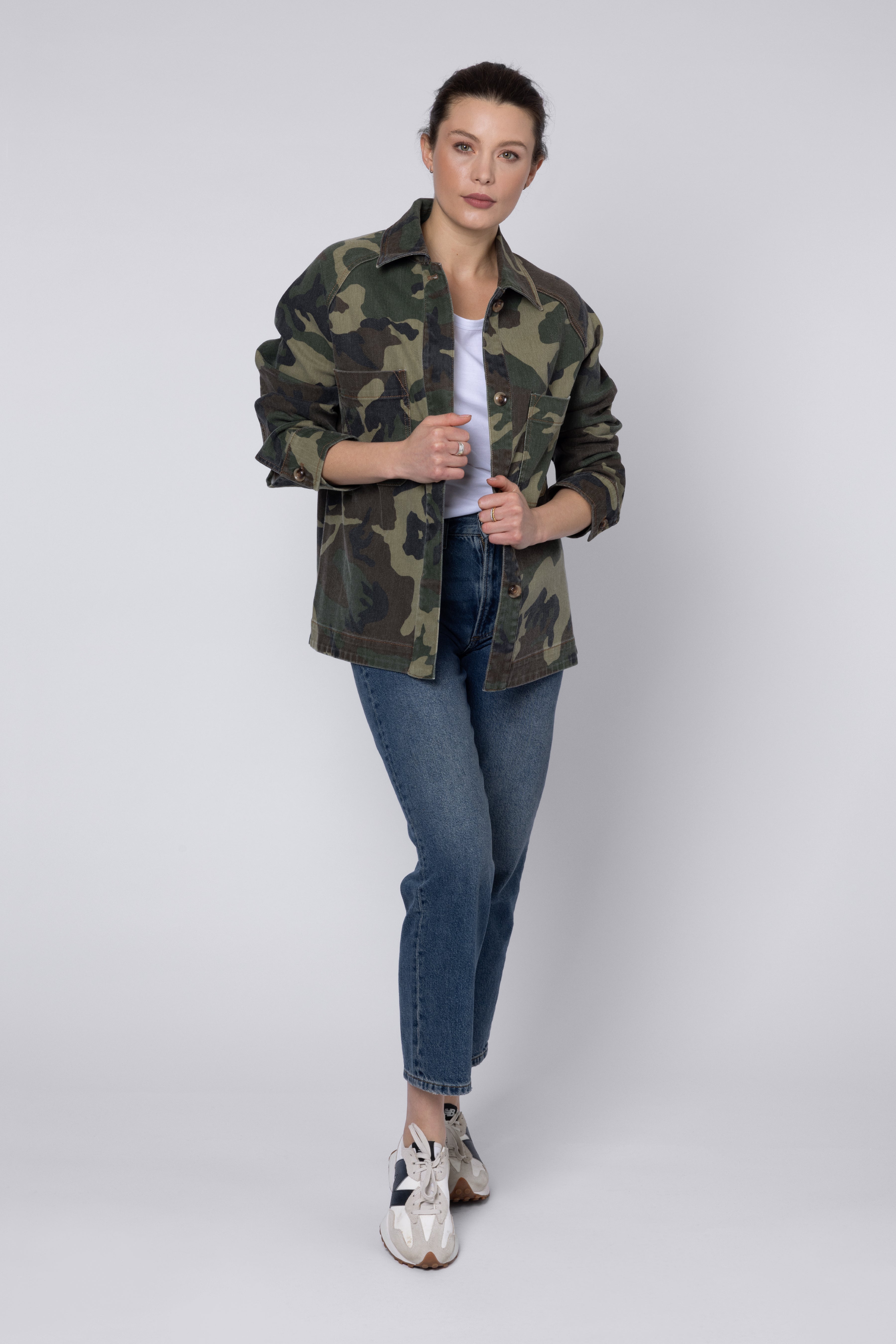 model wearing Corin Camo Jacket Eleven Loves