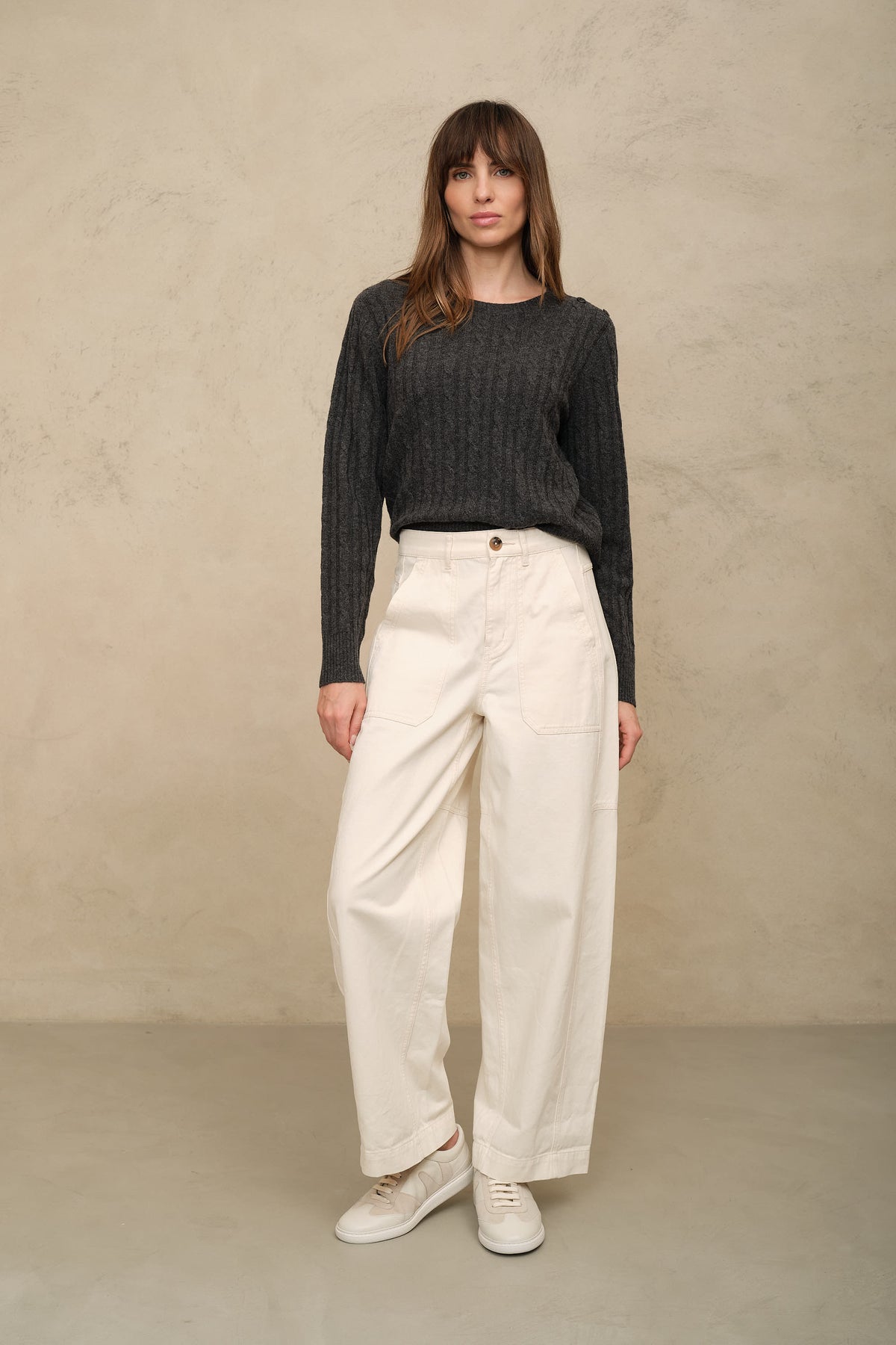 Cory charcoal cable knit jumper, shoulder button detail